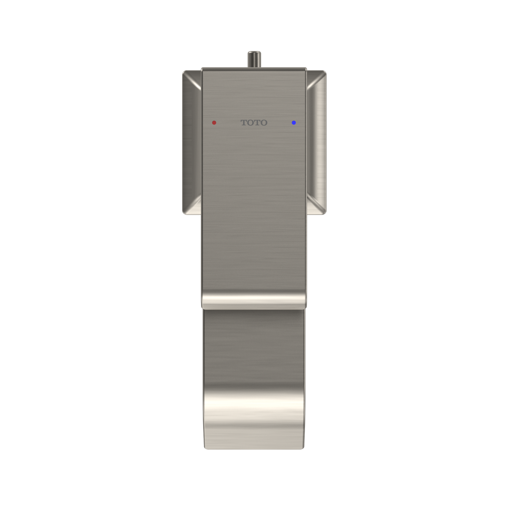 Brushed nickel single-handle bathroom faucet with rectangular body, control indicators, and vertical spout mount.