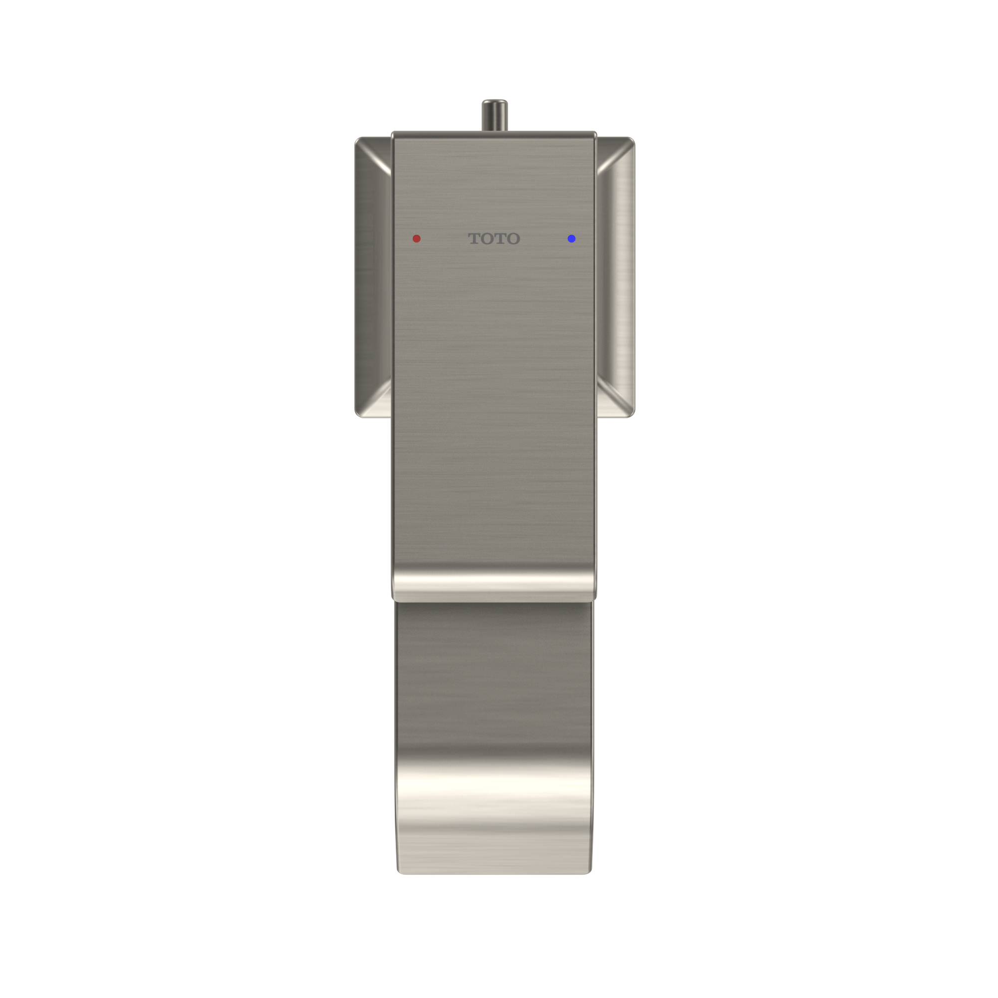 Brushed nickel single-handle bathroom faucet with rectangular body, control indicators, and vertical spout mount.