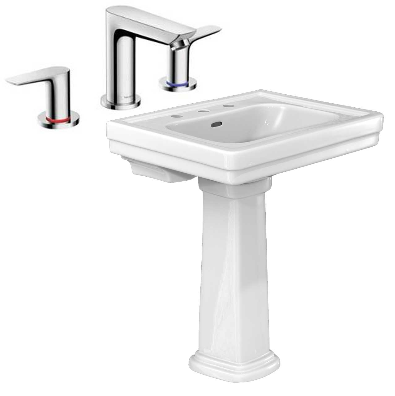 White rectangular pedestal sink with chrome widespread faucet and handles.