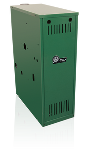 Green rectangular hot water boiler with cream-colored top, vents, and control panel with manufacturer logo.