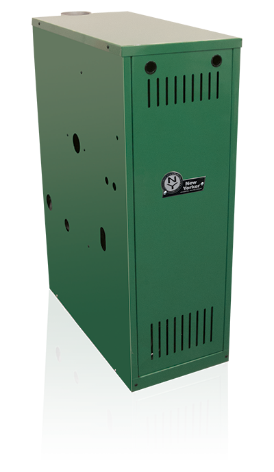 Green rectangular hot water boiler with tan top, ventilation slots, and manufacturer badge on front door.