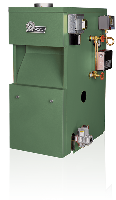 Green New Yorker steam boiler with control panel, piping, and burner assembly on front side.