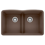 Cafe brown double bowl undermount sink with equal-sized compartments, low divide, and chrome drain strainers.