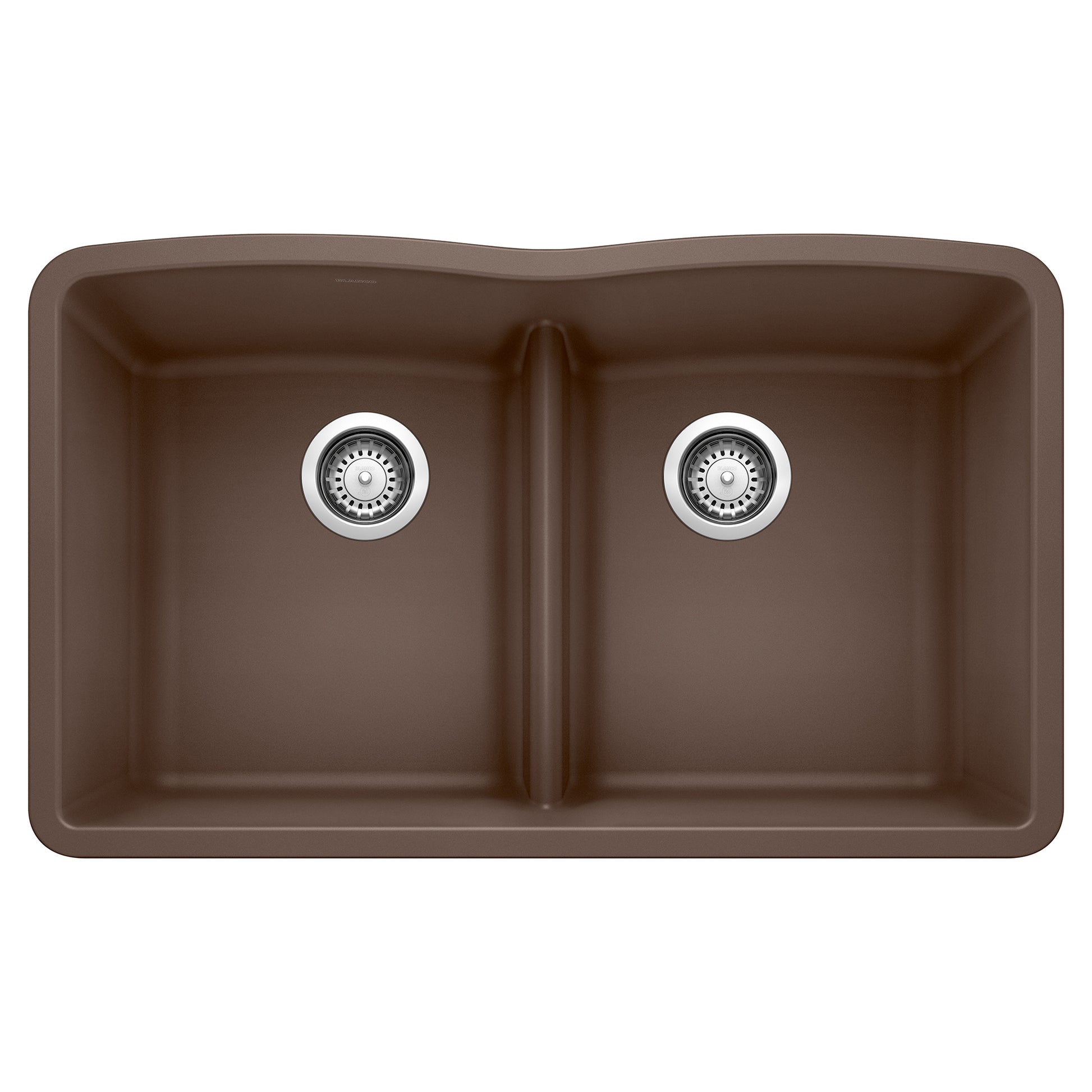 Cafe brown double bowl undermount sink with equal-sized compartments, low divide, and chrome drain strainers.