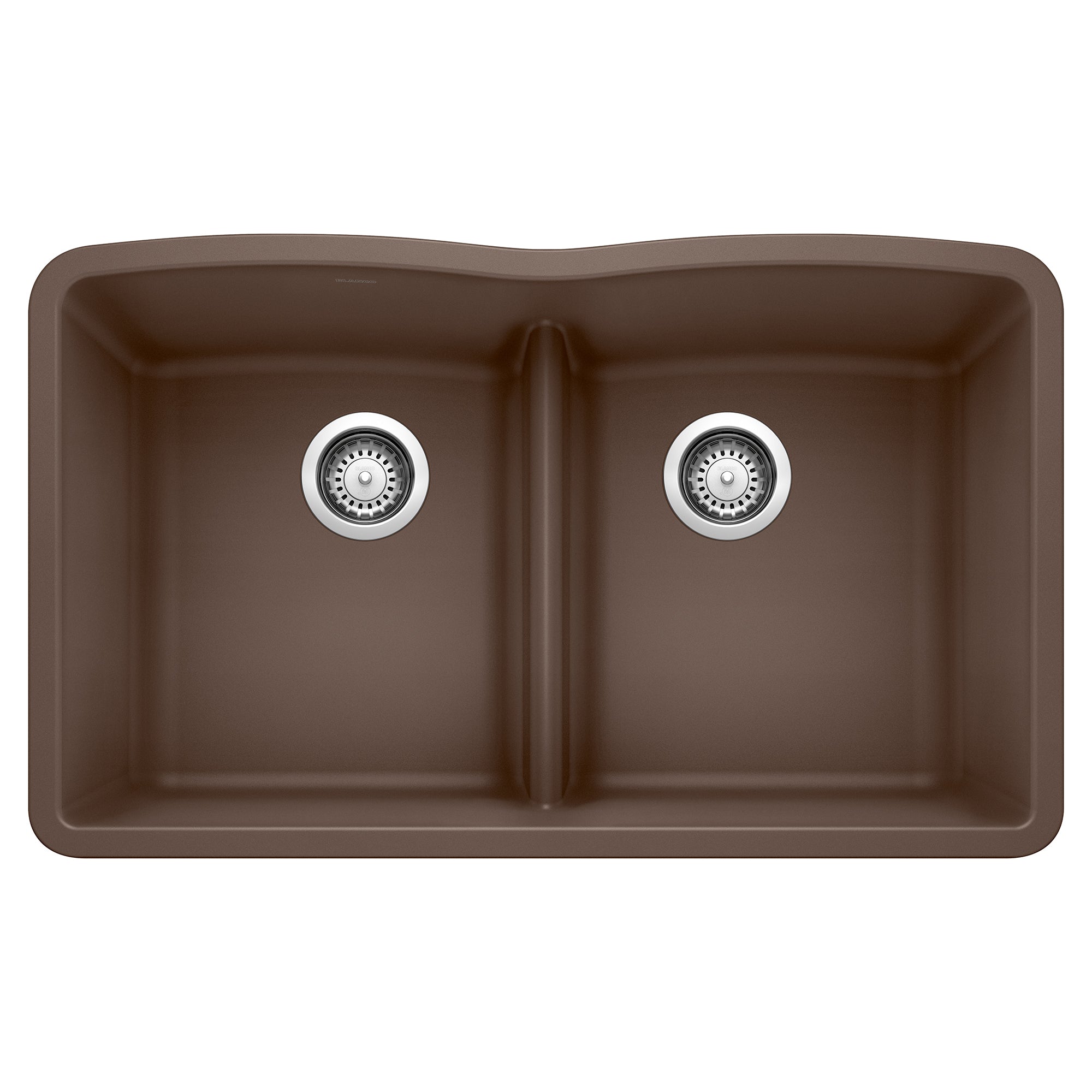 Cafe brown double bowl undermount sink with equal-sized compartments, low divide, and chrome drain strainers.