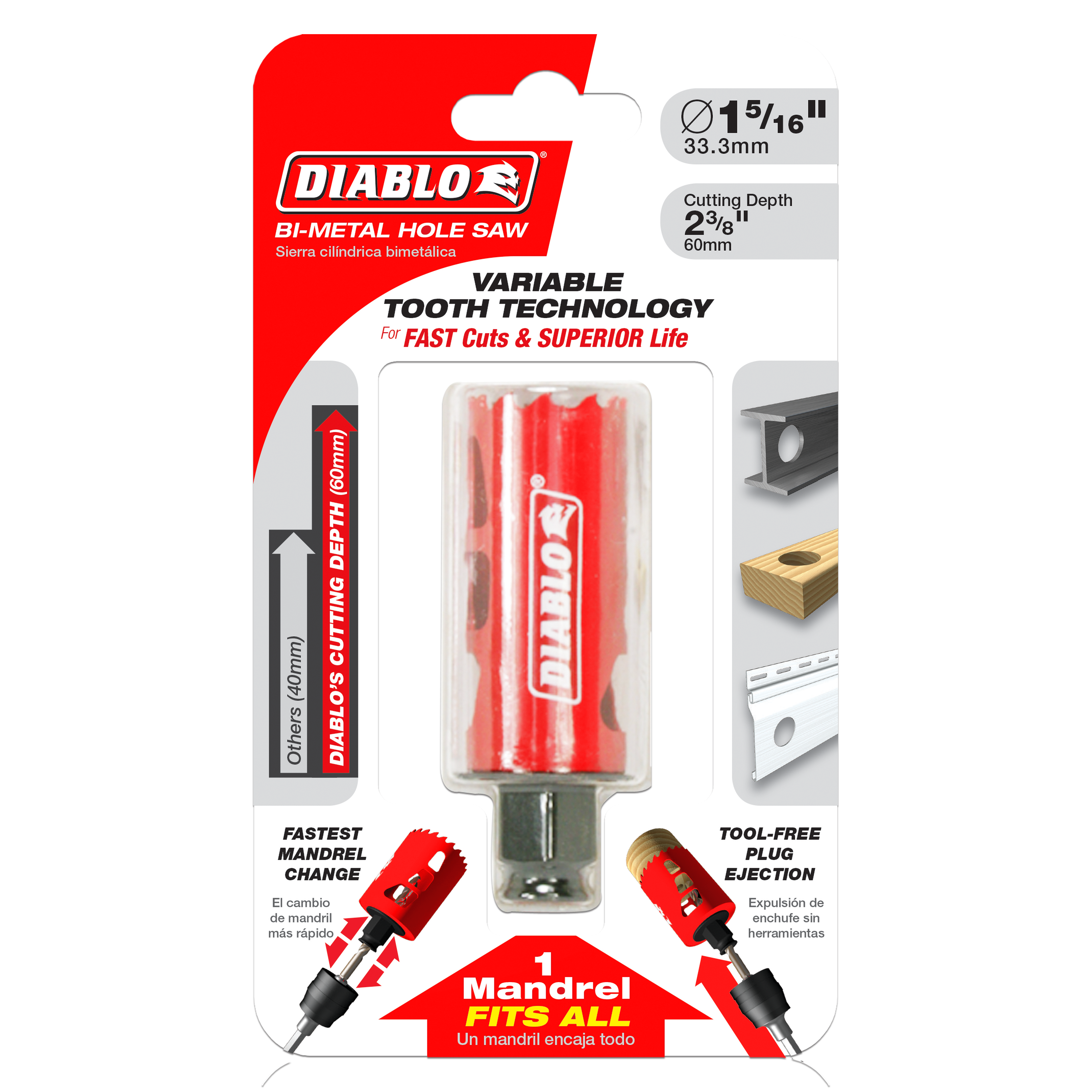 Diablo red bi-metal hole saw with 1-5/16 inch diameter, variable tooth technology, and quick-change mandrel system on packagi