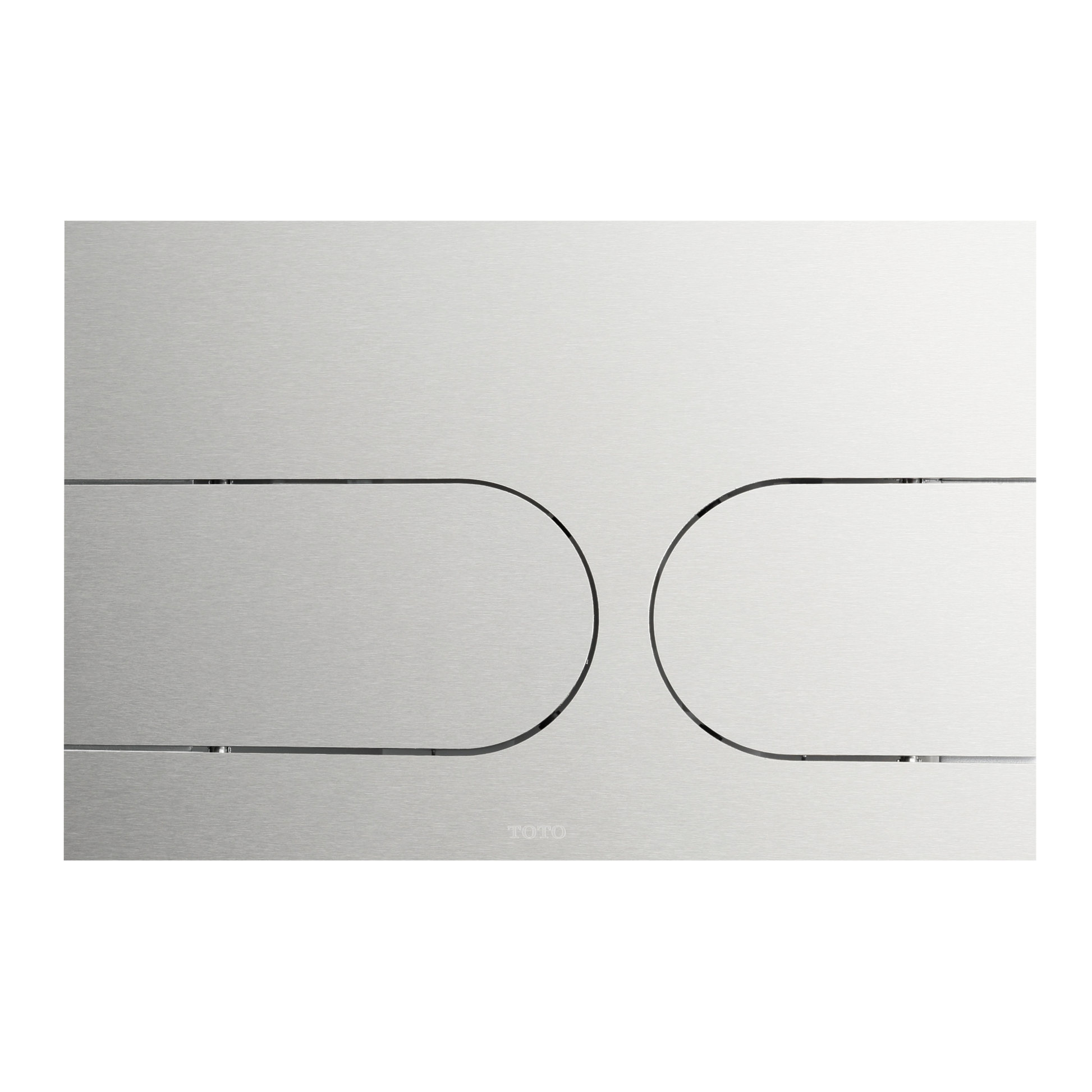 Stainless steel dual flush push button plate with two rounded rectangular buttons separated by a vertical divider.