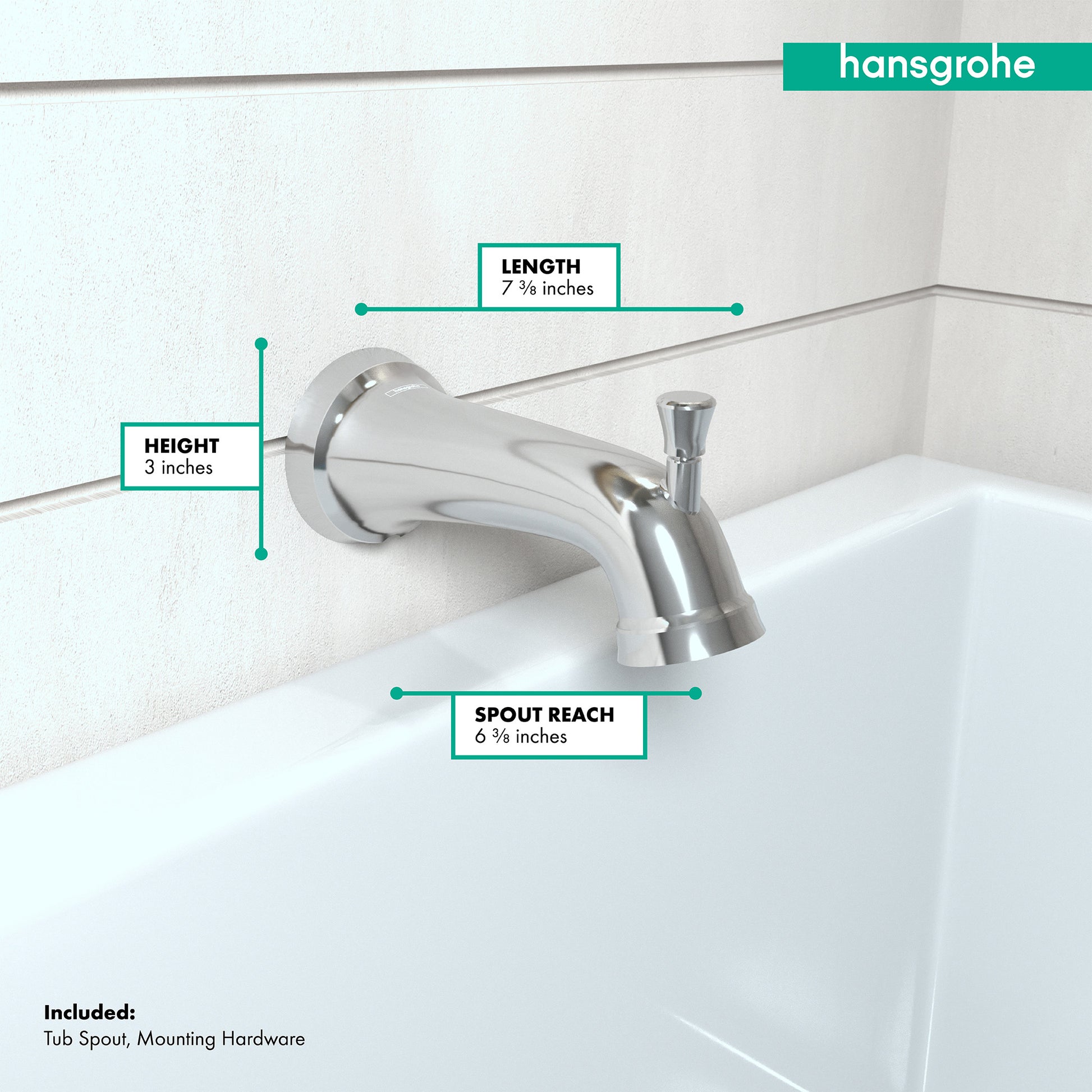 Chrome tub spout with diverter lever mounted on white bathtub wall with dimensions labeled.