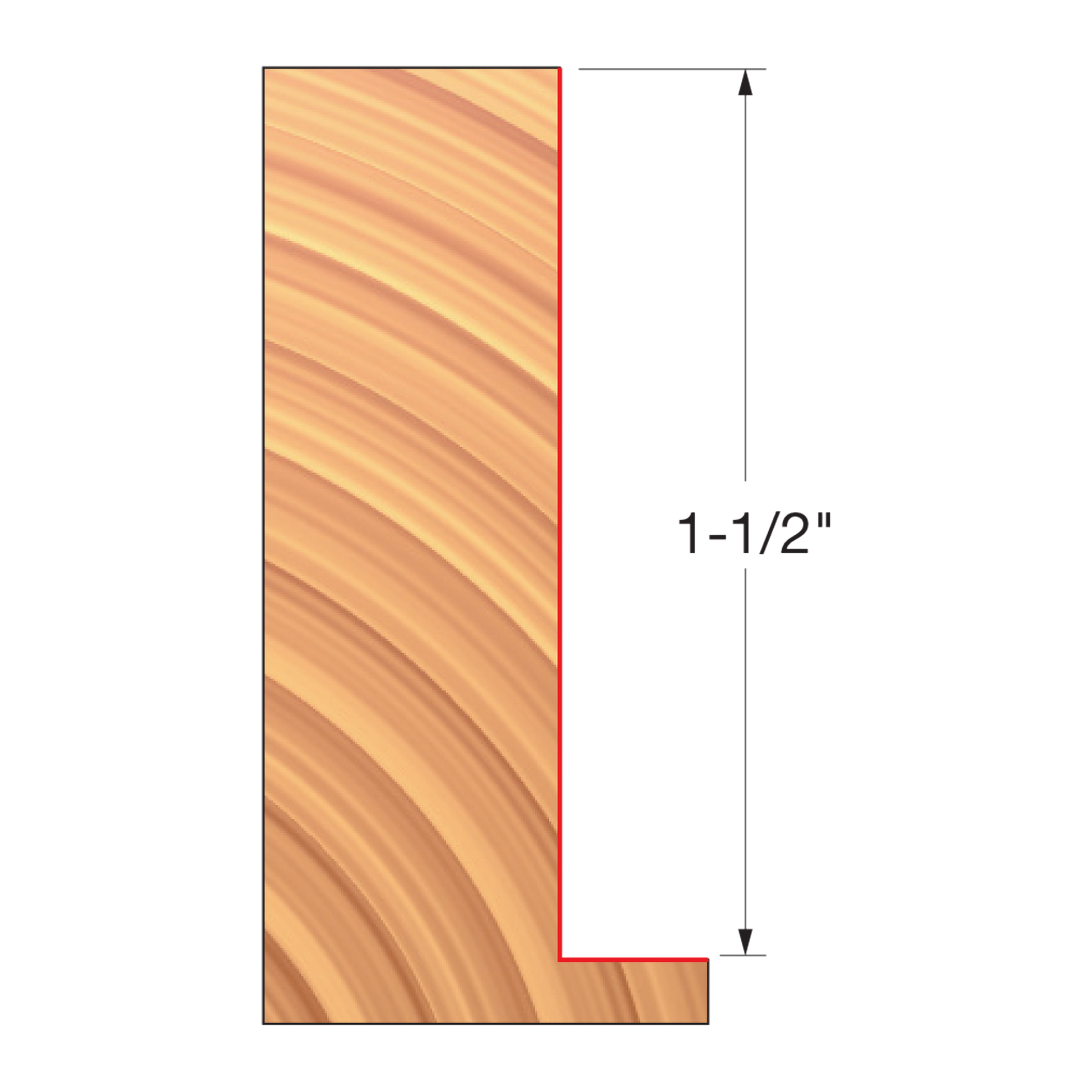 Straight edge router bit with curved cutting profile shown from front view with wood grain texture and dimension marking.