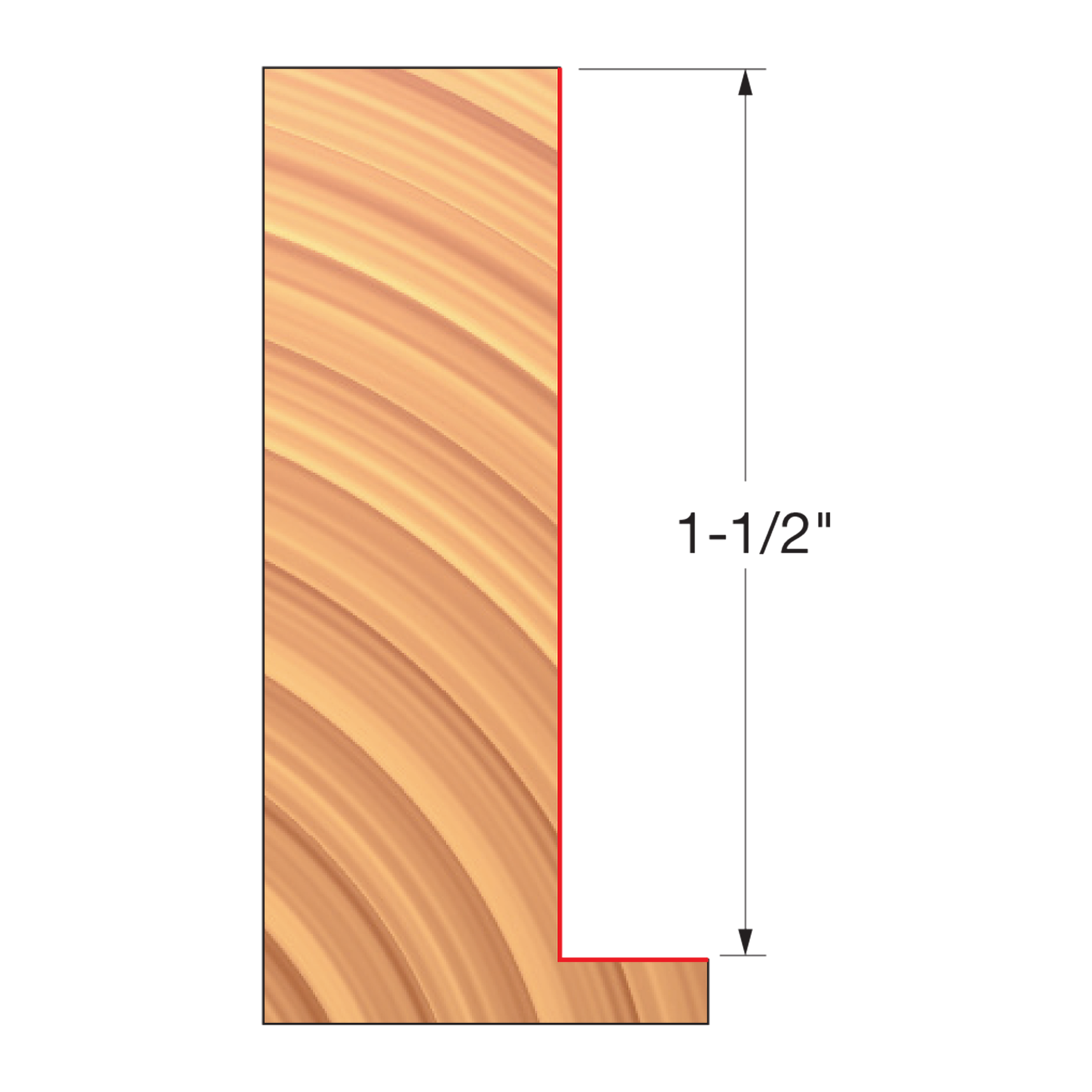 Straight edge router bit with curved cutting profile shown from front view with wood grain texture and dimension marking.