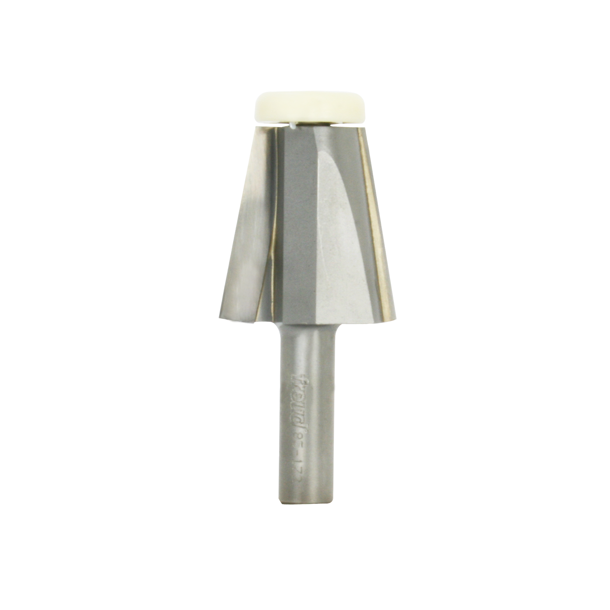 Carbide bevel bowl bit with 1-3/4 inch diameter, angled cutting head, and cylindrical shank with cream-colored cap.