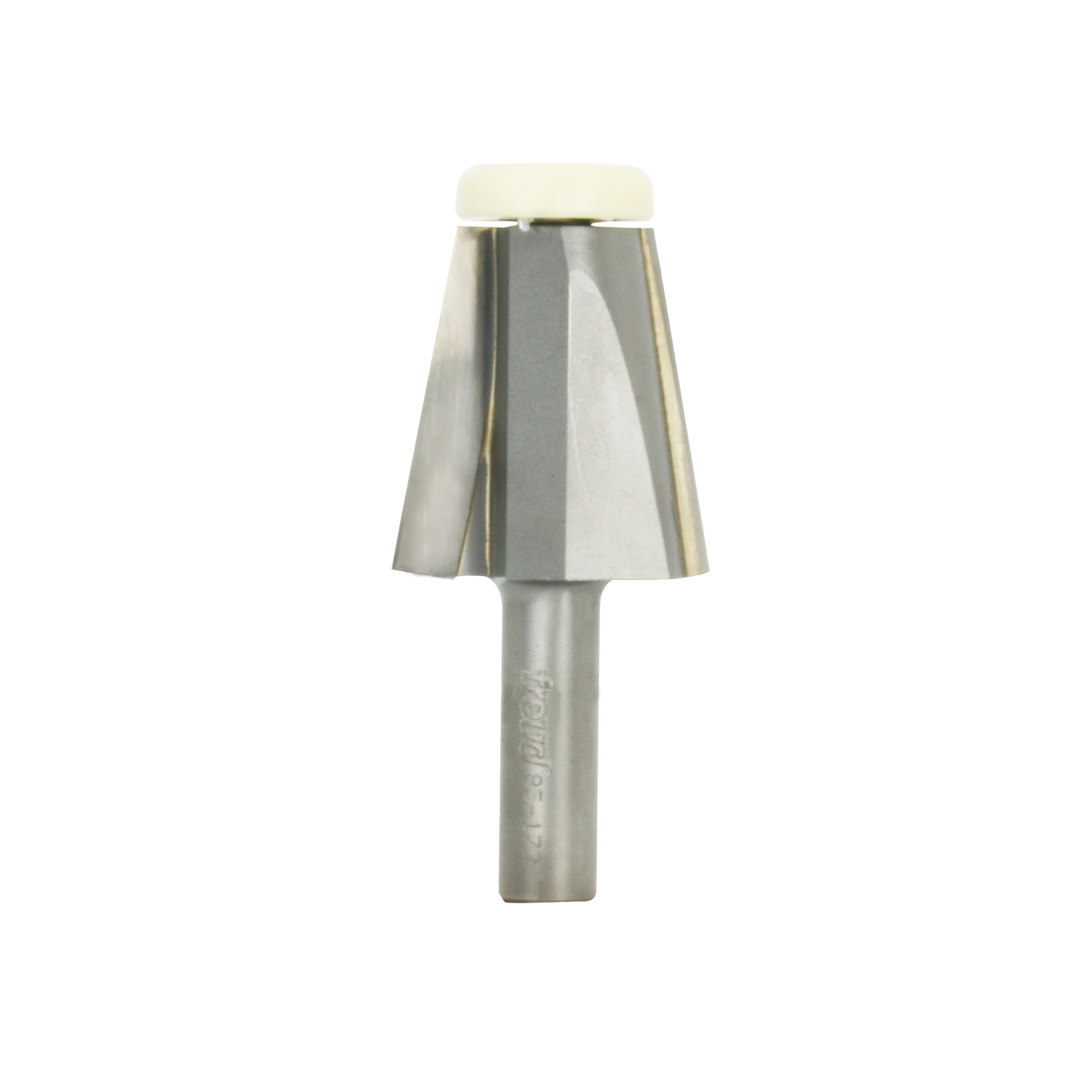 Carbide bevel bowl bit with 1-3/4 inch diameter, angled cutting head, and cylindrical shank with cream-colored cap.