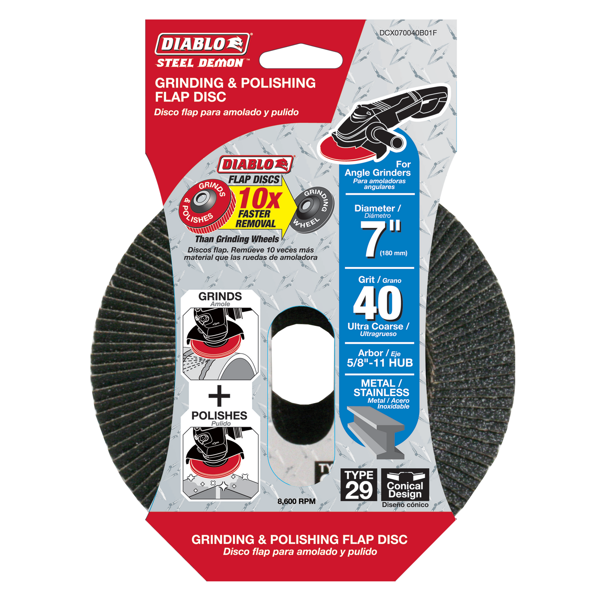 Dark gray flap disc with radial grooves, 7 inch diameter, black hub, mounted on red and white packaging card.
