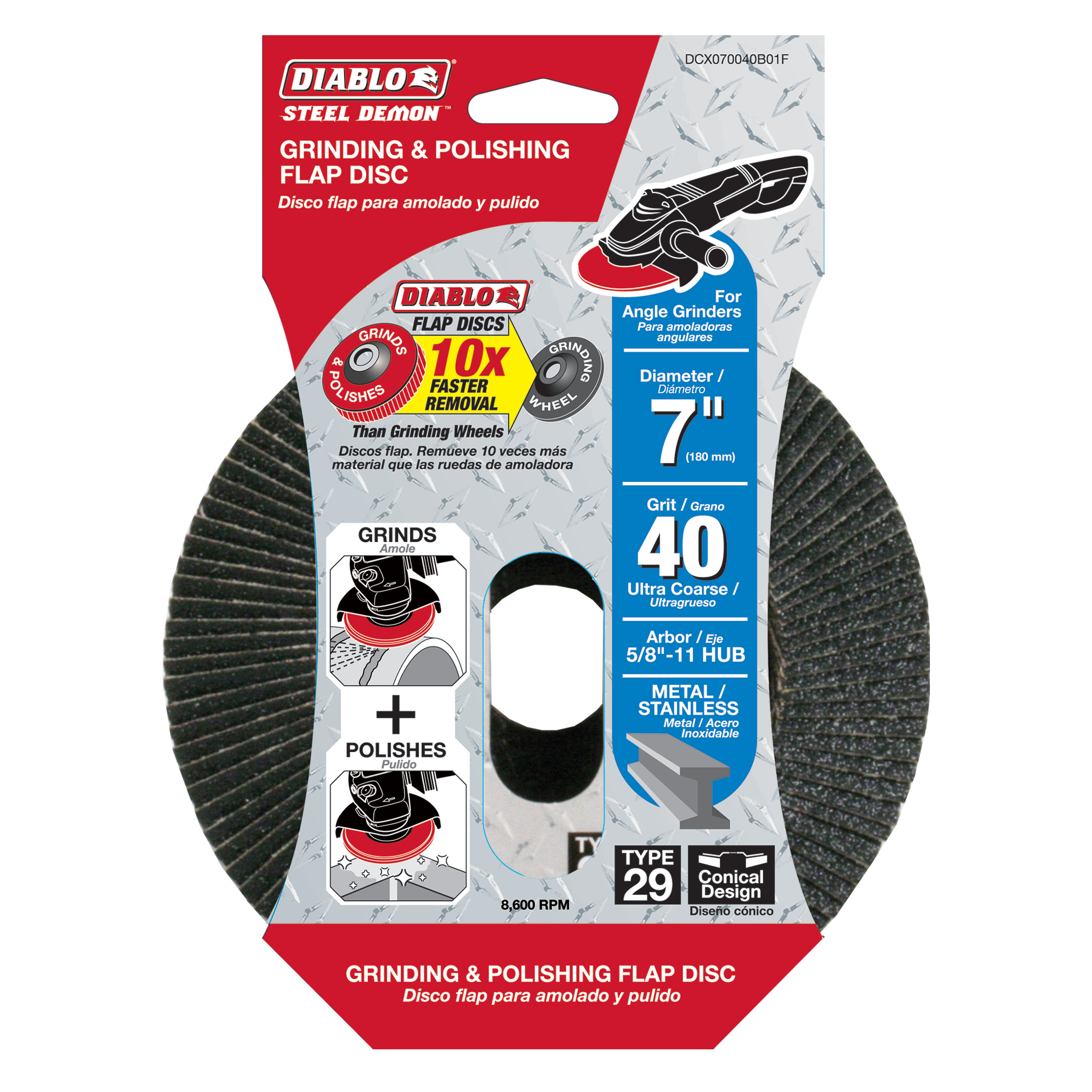 Dark gray flap disc with radial grooves, 7 inch diameter, black hub, mounted on red and white packaging card.
