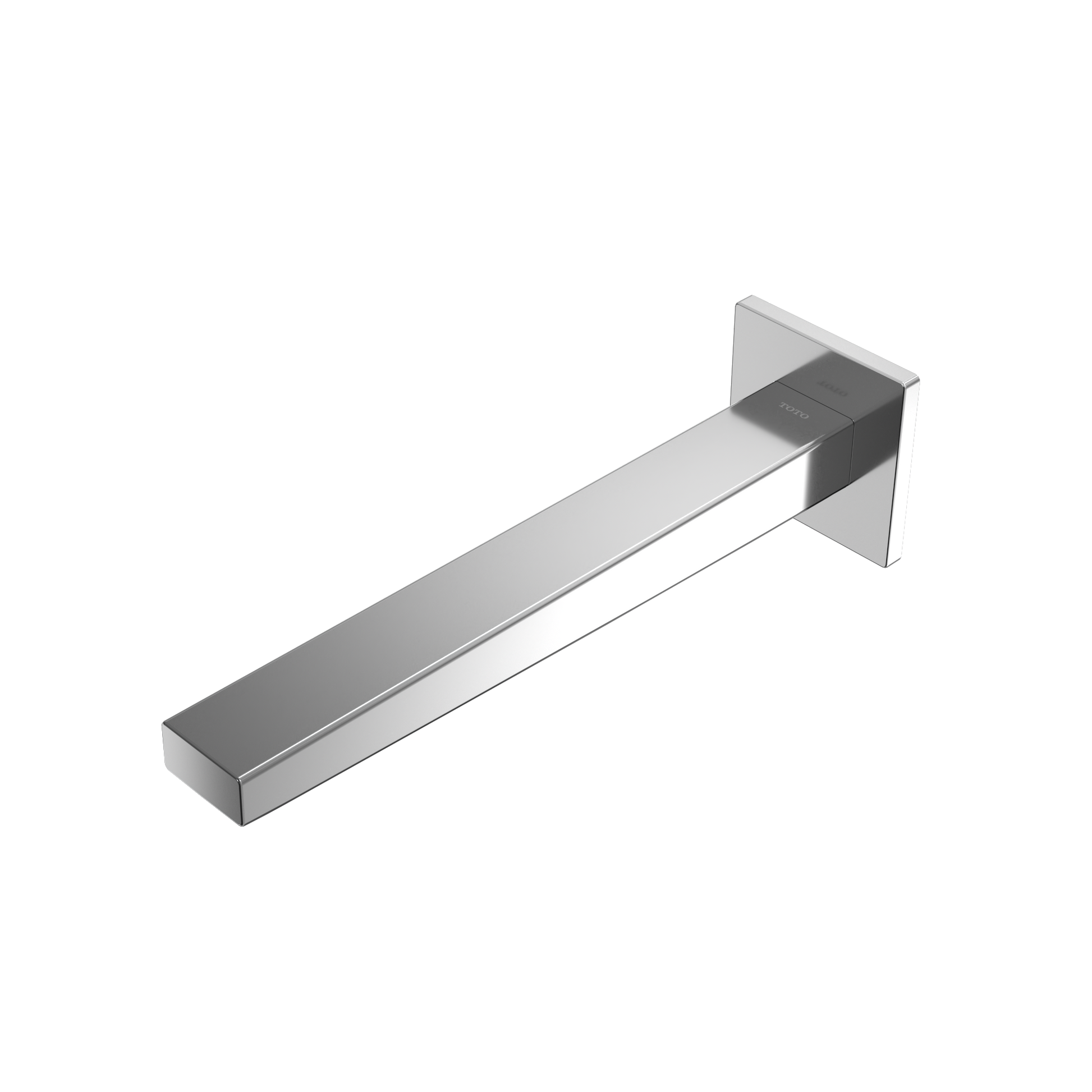 Polished chrome wall-mounted touchless bathroom faucet with rectangular spout and sensor module.
