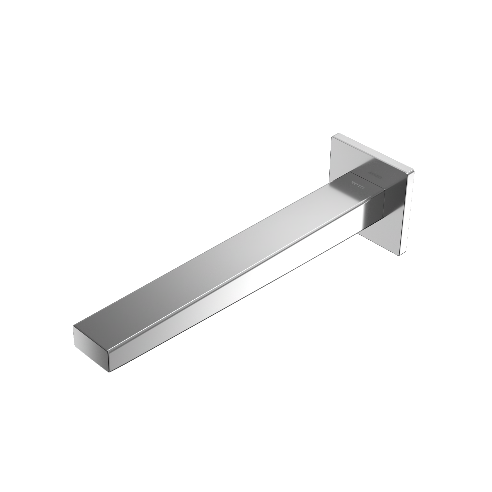 Polished chrome wall-mounted touchless bathroom faucet with rectangular spout and sensor control panel.