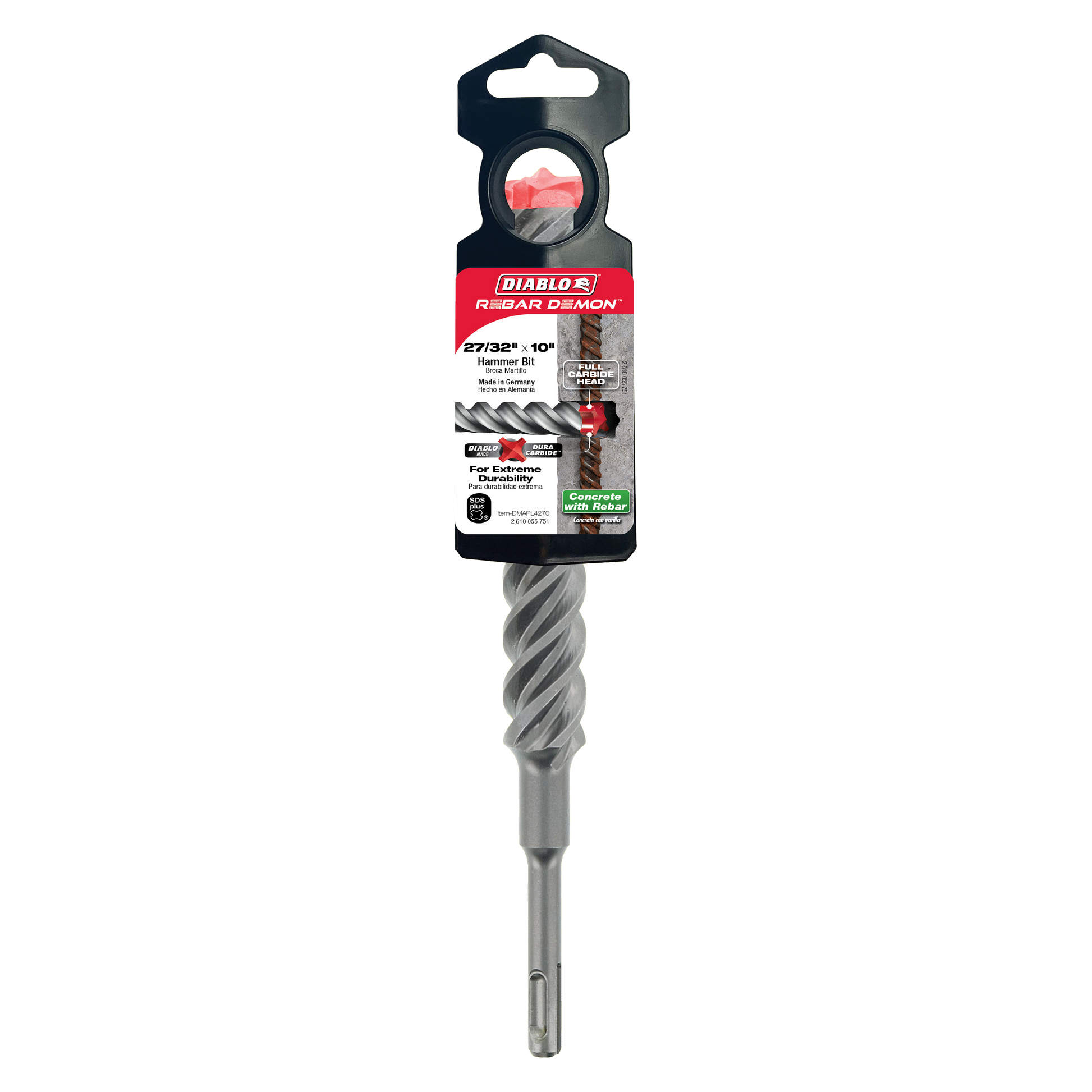 Diablo Rebar Demon SDS-Plus hammer drill bit with spiral flutes and carbide head in black packaging.