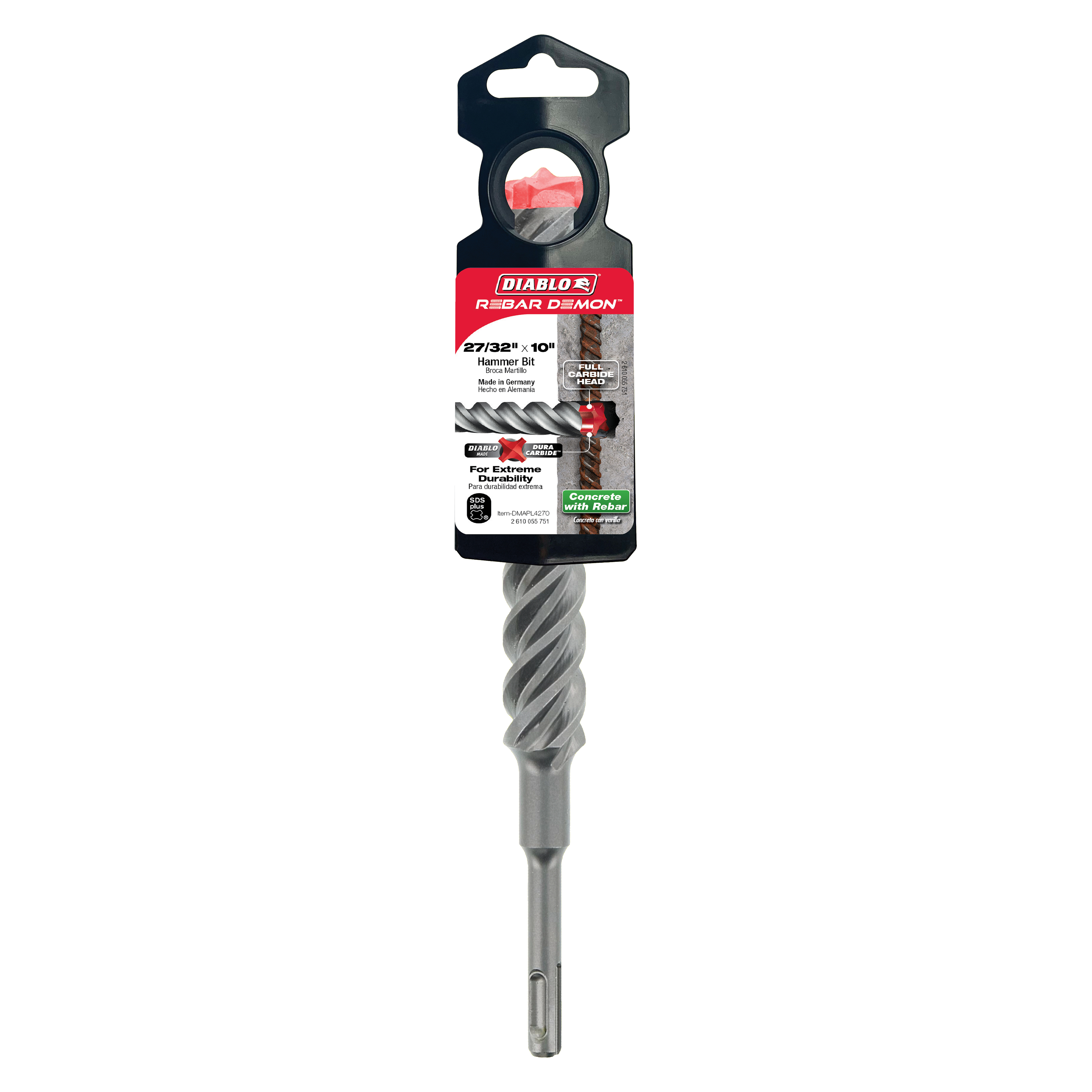 Diablo Rebar Demon SDS-Plus hammer drill bit with spiral flutes and carbide head in black packaging.