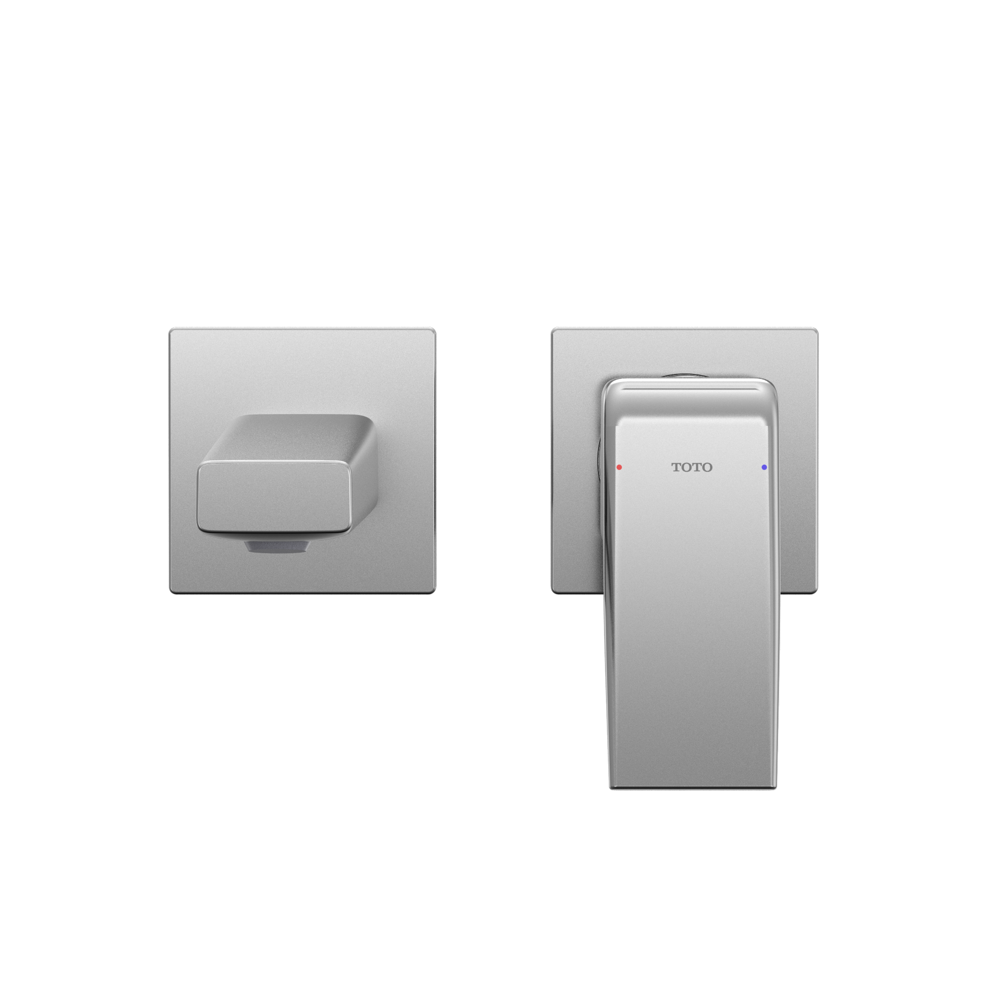 Polished chrome wall-mount bathroom faucet with single handle lever and square mounting plate.