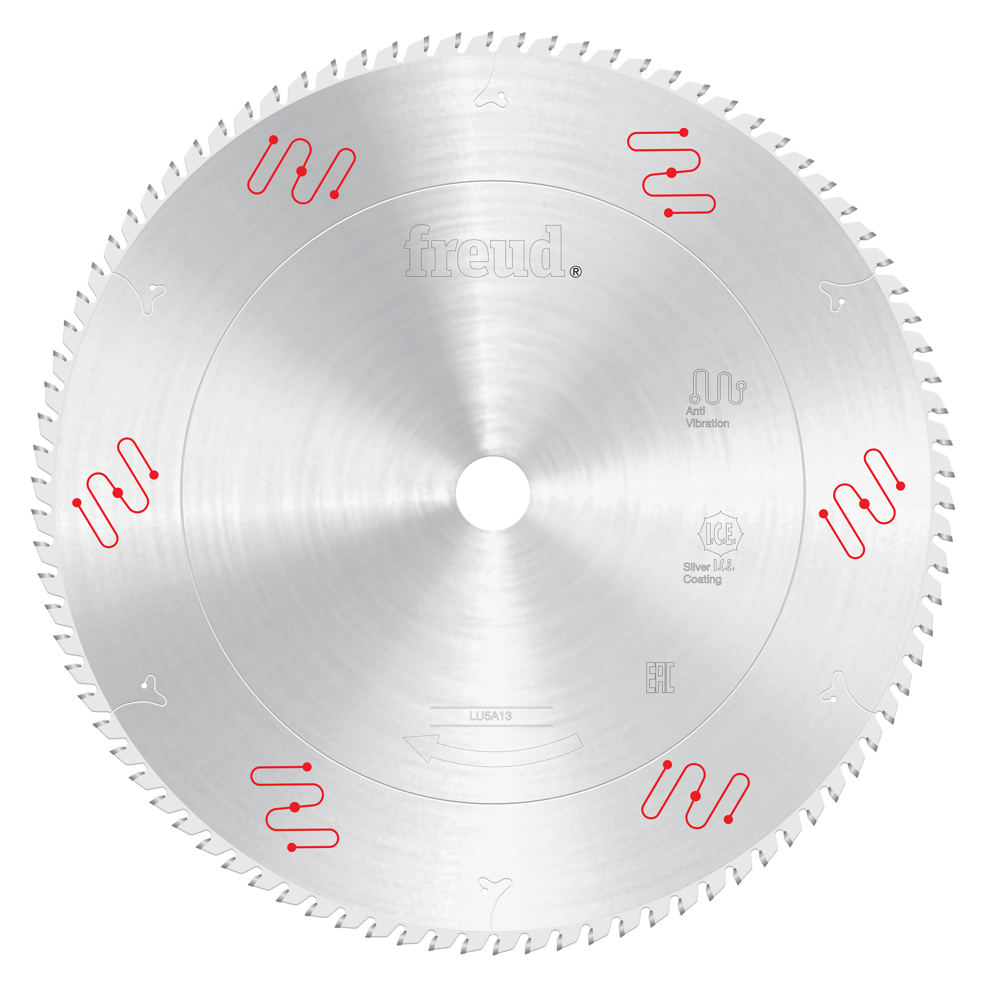 Freud LU5A13 370mm circular saw blade with silver coating and fine teeth for aluminum cutting.