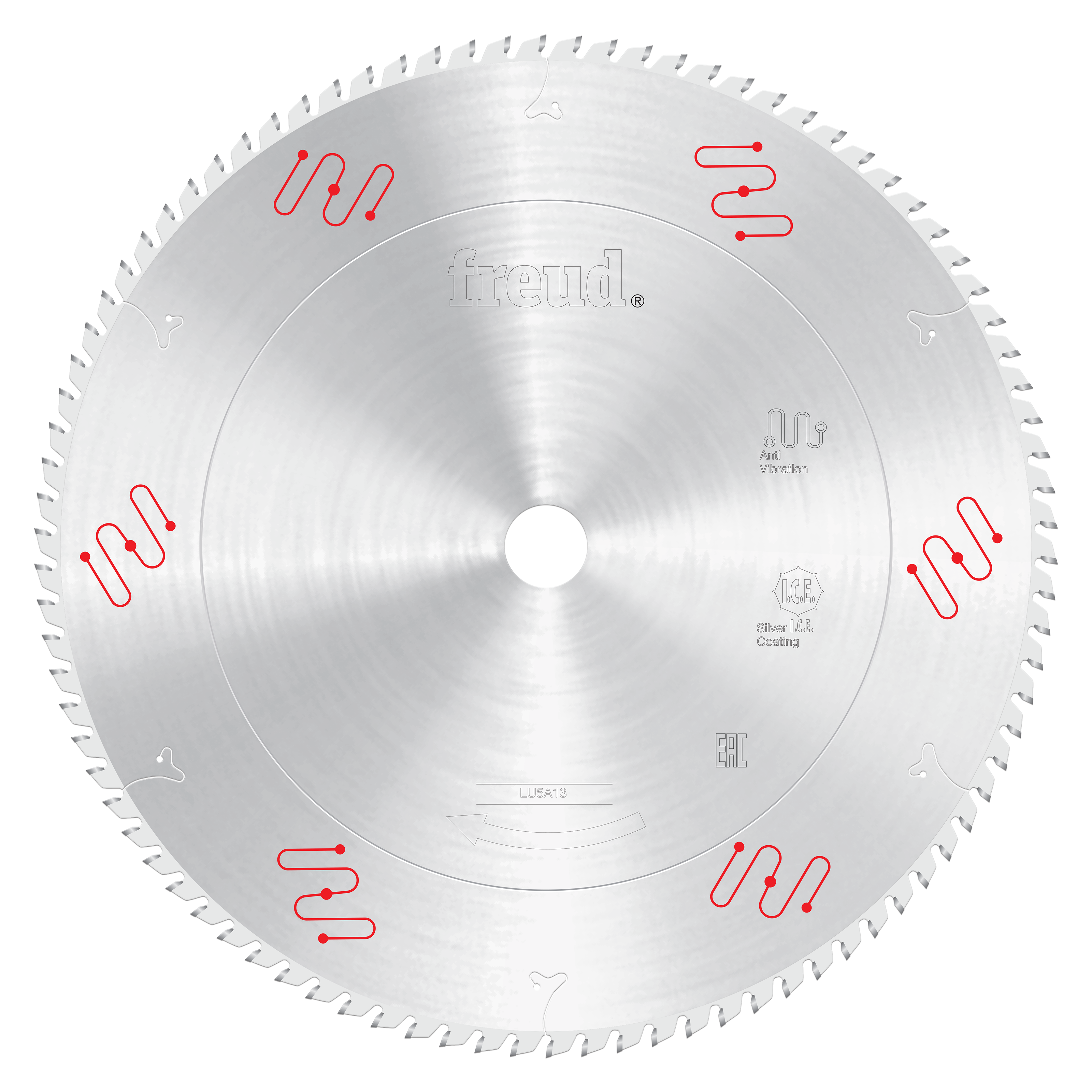 Freud LU5A13 370mm circular saw blade with silver coating and fine teeth for aluminum cutting.