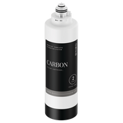 White and black cylindrical carbon filter cartridge with connection fitting at top and "CARBON" label on black band.