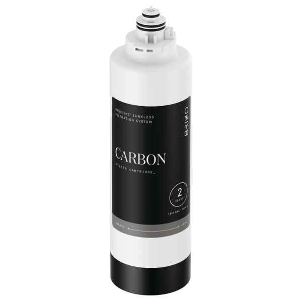 White and black cylindrical carbon filter cartridge with connection fitting at top and "CARBON" label on black band.