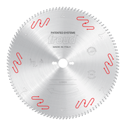 Silver circular saw blade with red wavy markings around perimeter, center bore, and teeth around outer edge.