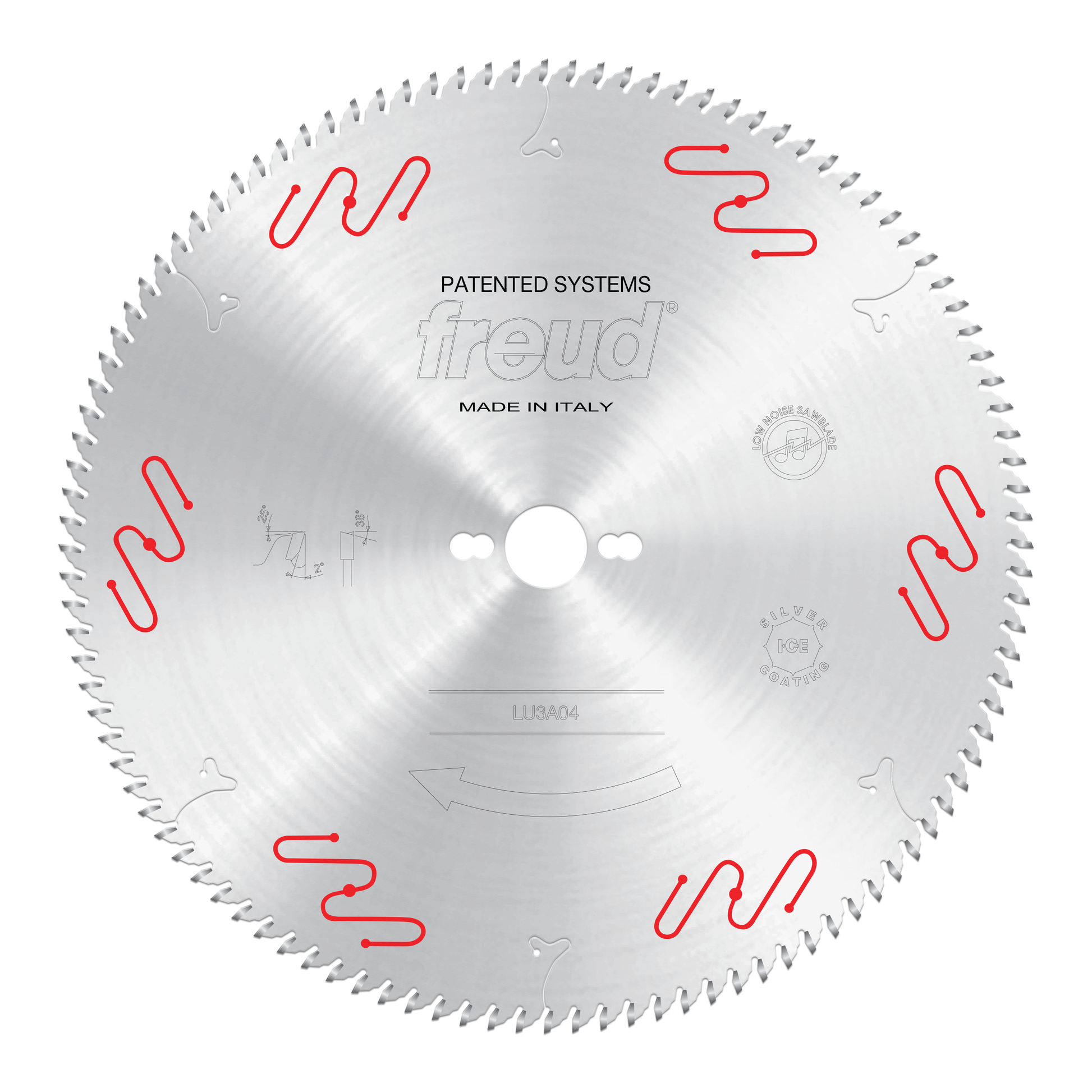 Silver circular saw blade with red wavy markings around perimeter, center bore, and teeth around outer edge.