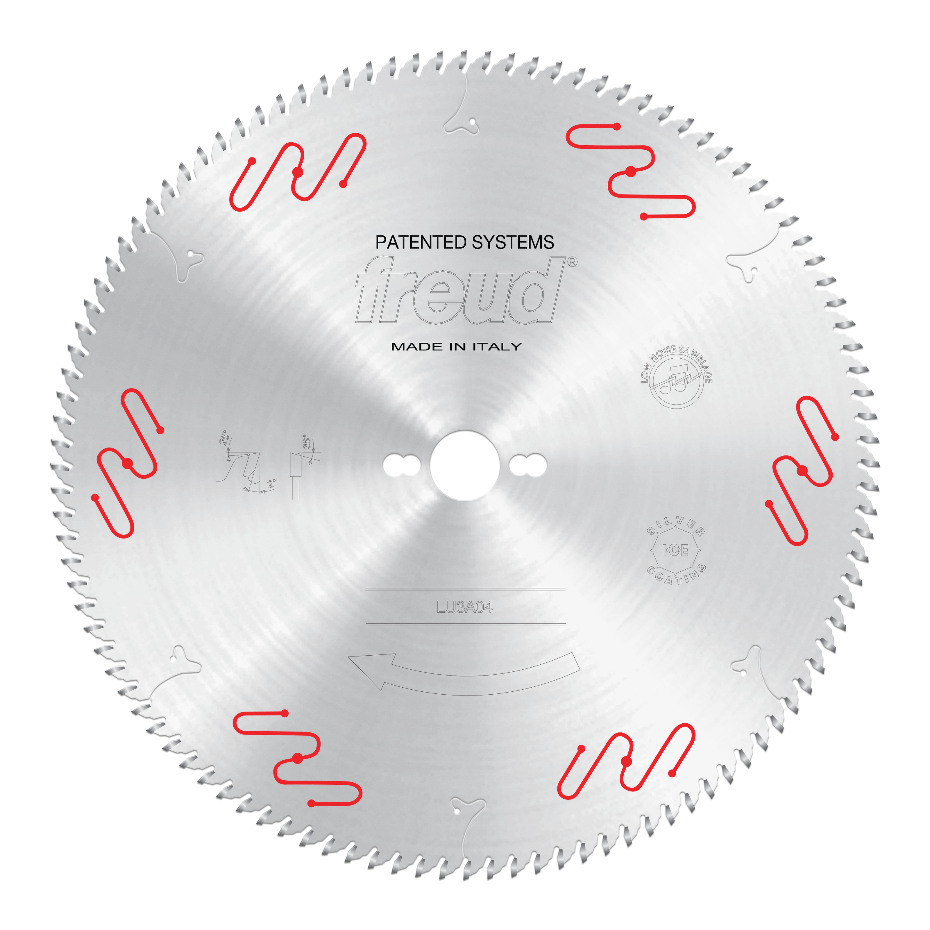 Silver circular saw blade with red wavy markings around perimeter, center bore, and teeth around outer edge.