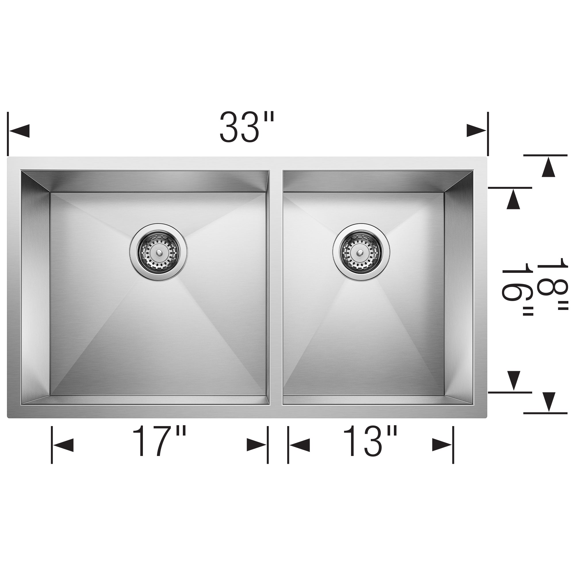 Stainless steel undermount kitchen sink with two unequal bowls and drain strainers, top view with measurements.