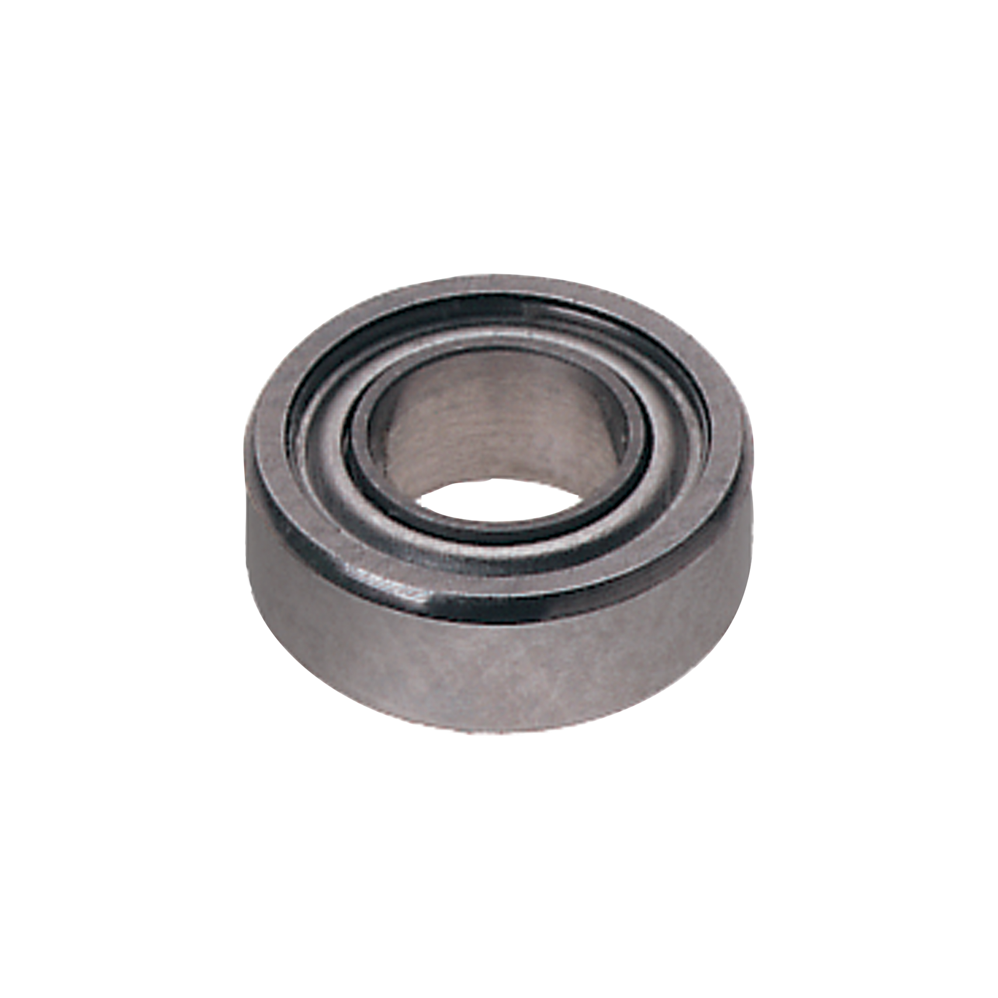 Metal ball bearing with concentric rings and center hole, shown from above.