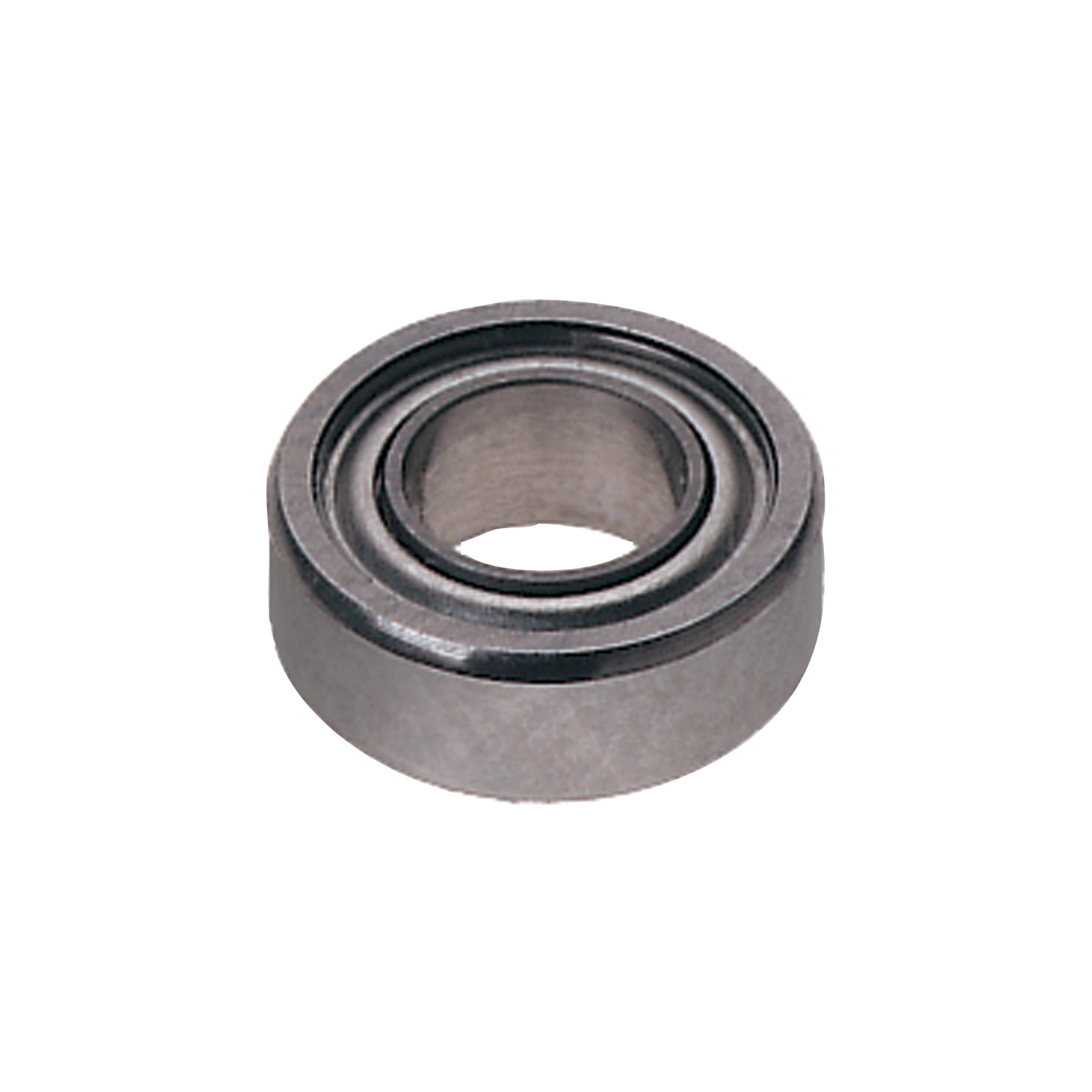 Metal ball bearing with concentric rings and center hole, shown from above.