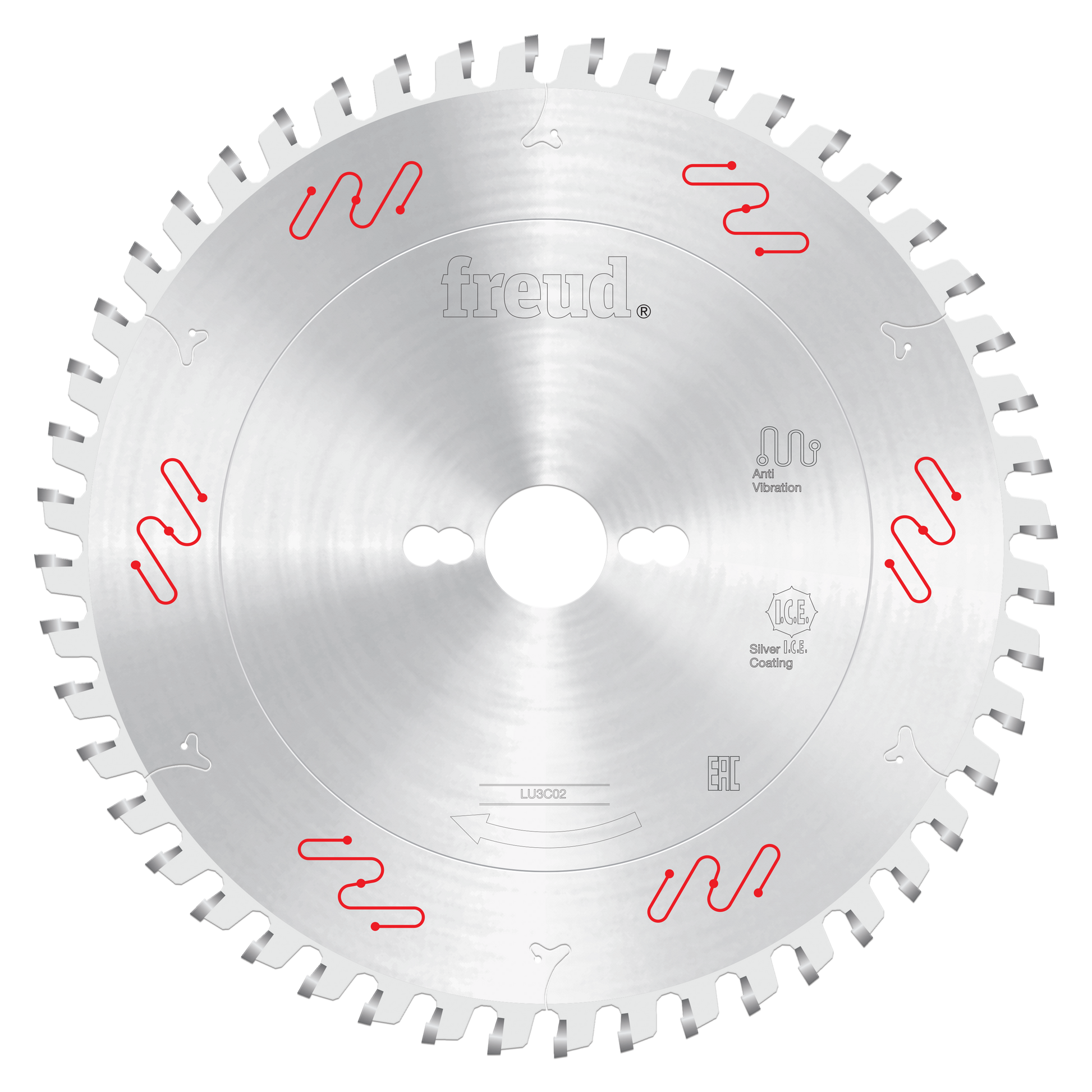 Freud 250mm circular saw blade with carbide teeth and center bore, marked with red anti-vibration slots.