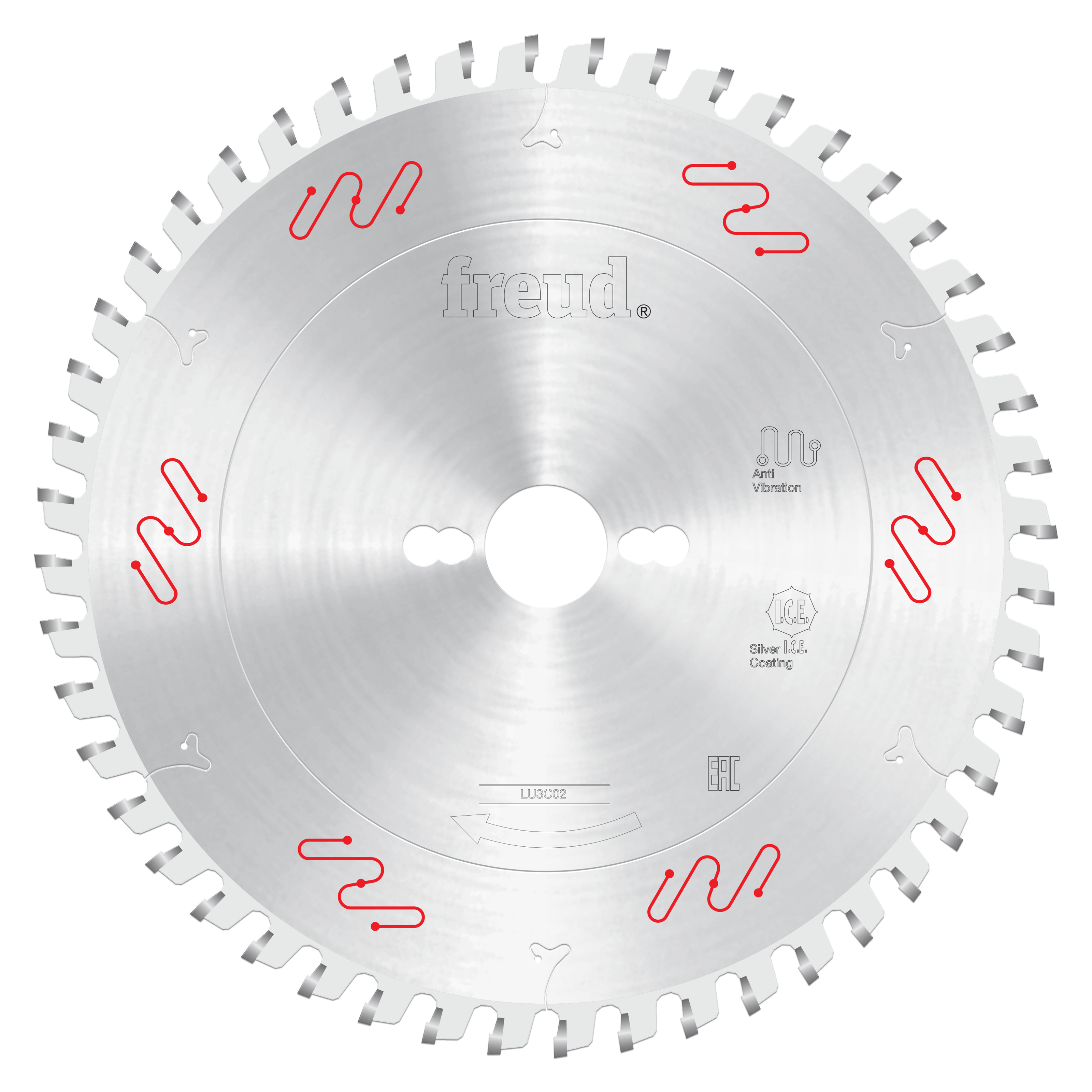 Freud 250mm circular saw blade with carbide teeth and center bore, marked with red anti-vibration slots.