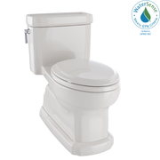 Elongated two-piece toilet with white seat and tank featuring side lever flush handle.