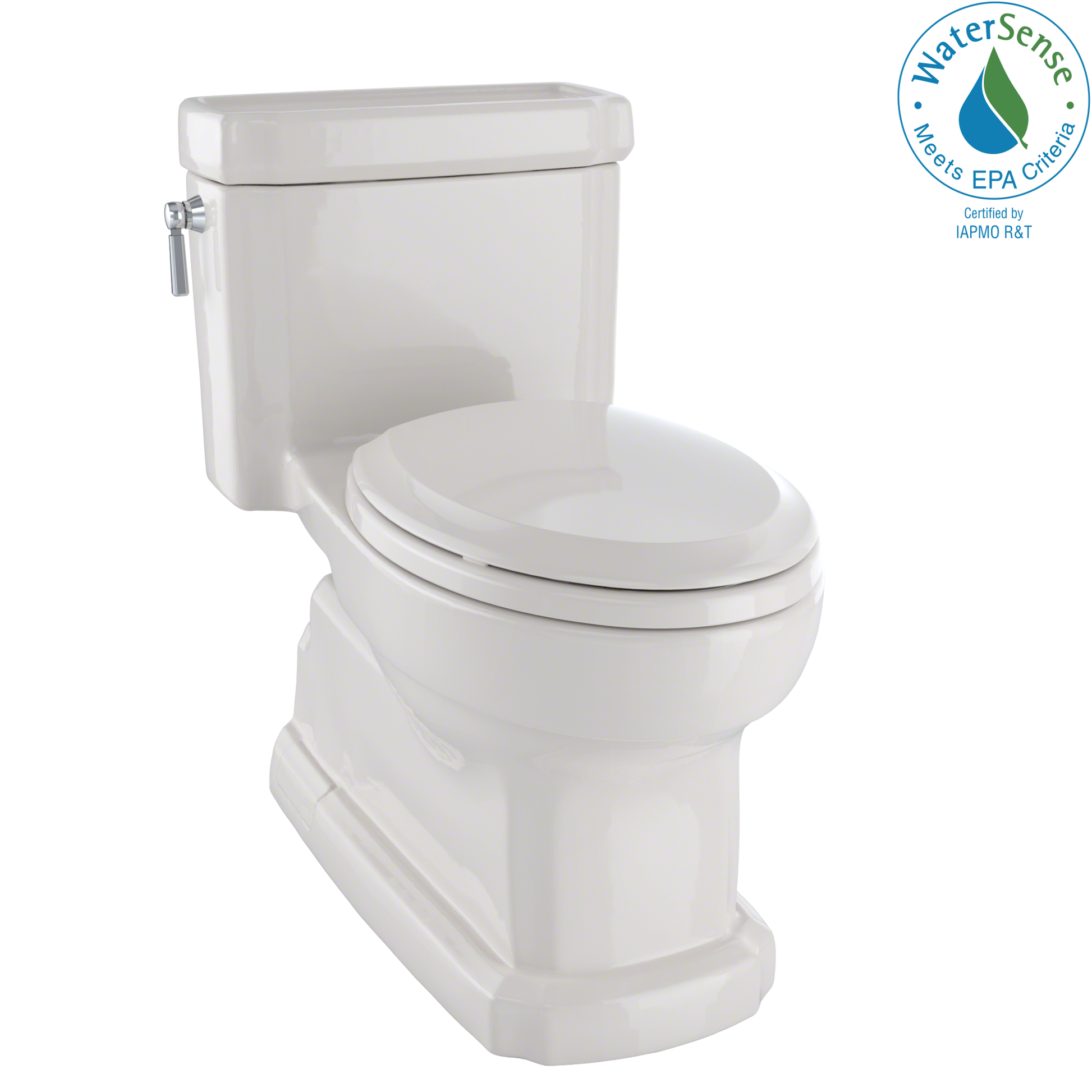 Elongated two-piece toilet with white seat and tank featuring side lever flush handle.