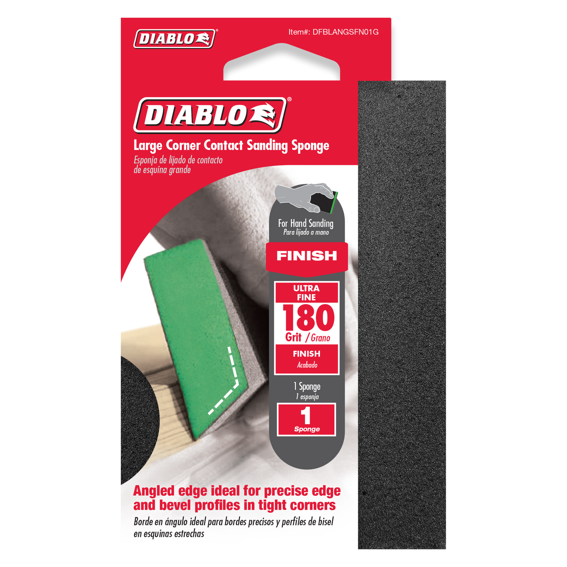 Gray corner contact sanding sponge with angled edge for tight corners and crevices.