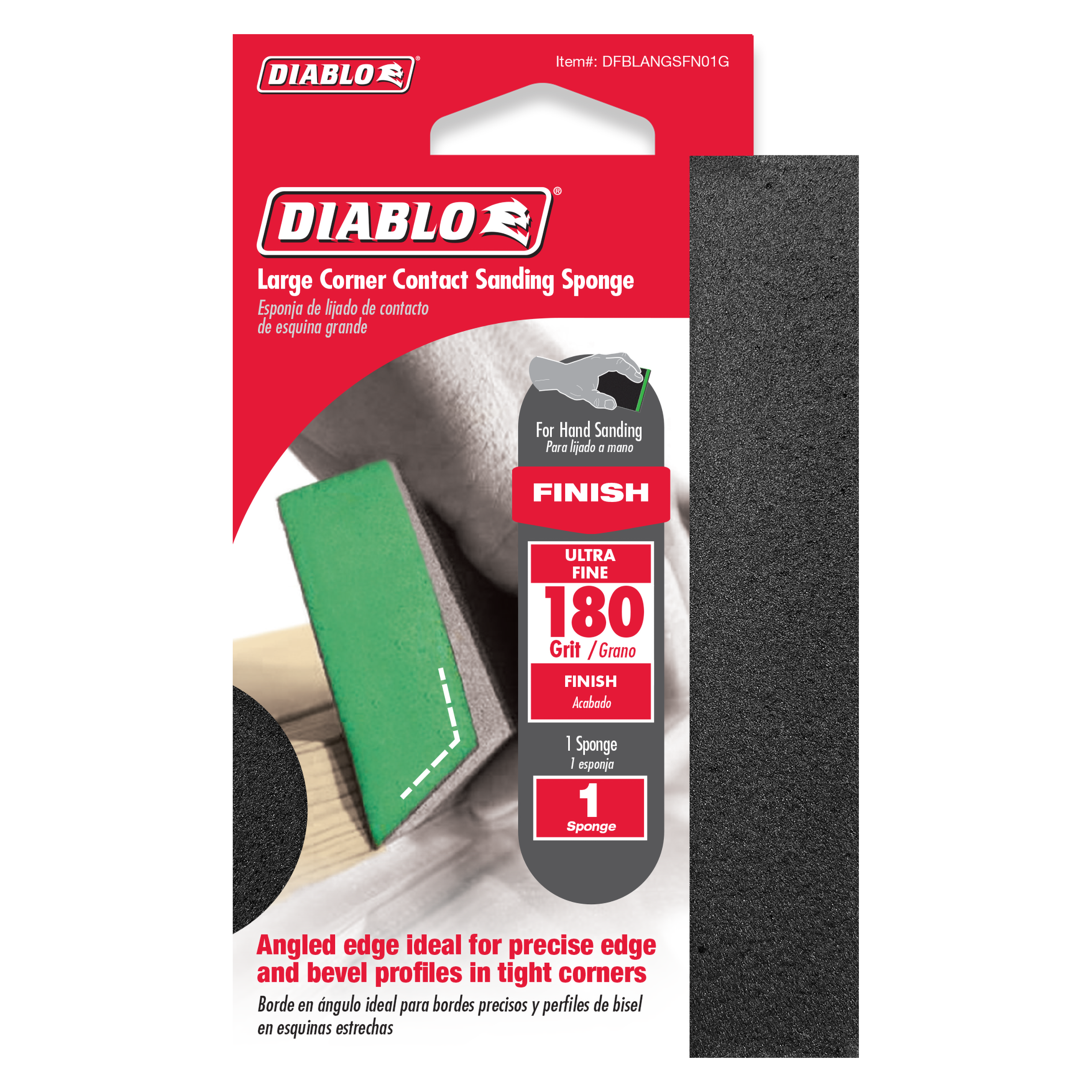 Gray corner contact sanding sponge with angled edge for tight corners and crevices.