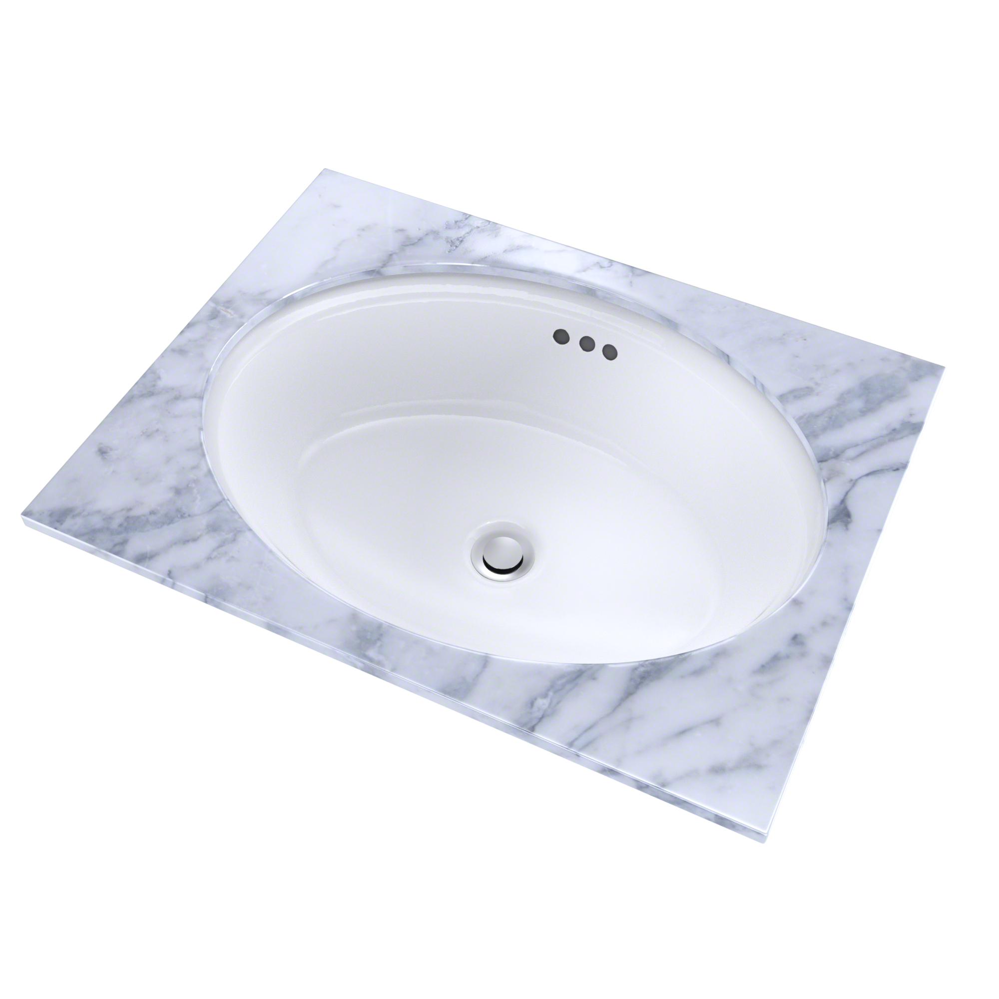 White oval undermount bathroom sink with drain hole and faucet mounting holes on marble countertop.