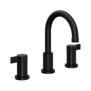 Matte black three-piece lavatory faucet with curved C-spout and textured handles on cylindrical bodies.