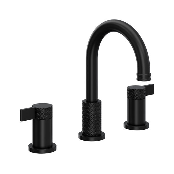 Matte black three-piece lavatory faucet with curved C-spout and textured handles on cylindrical bodies.