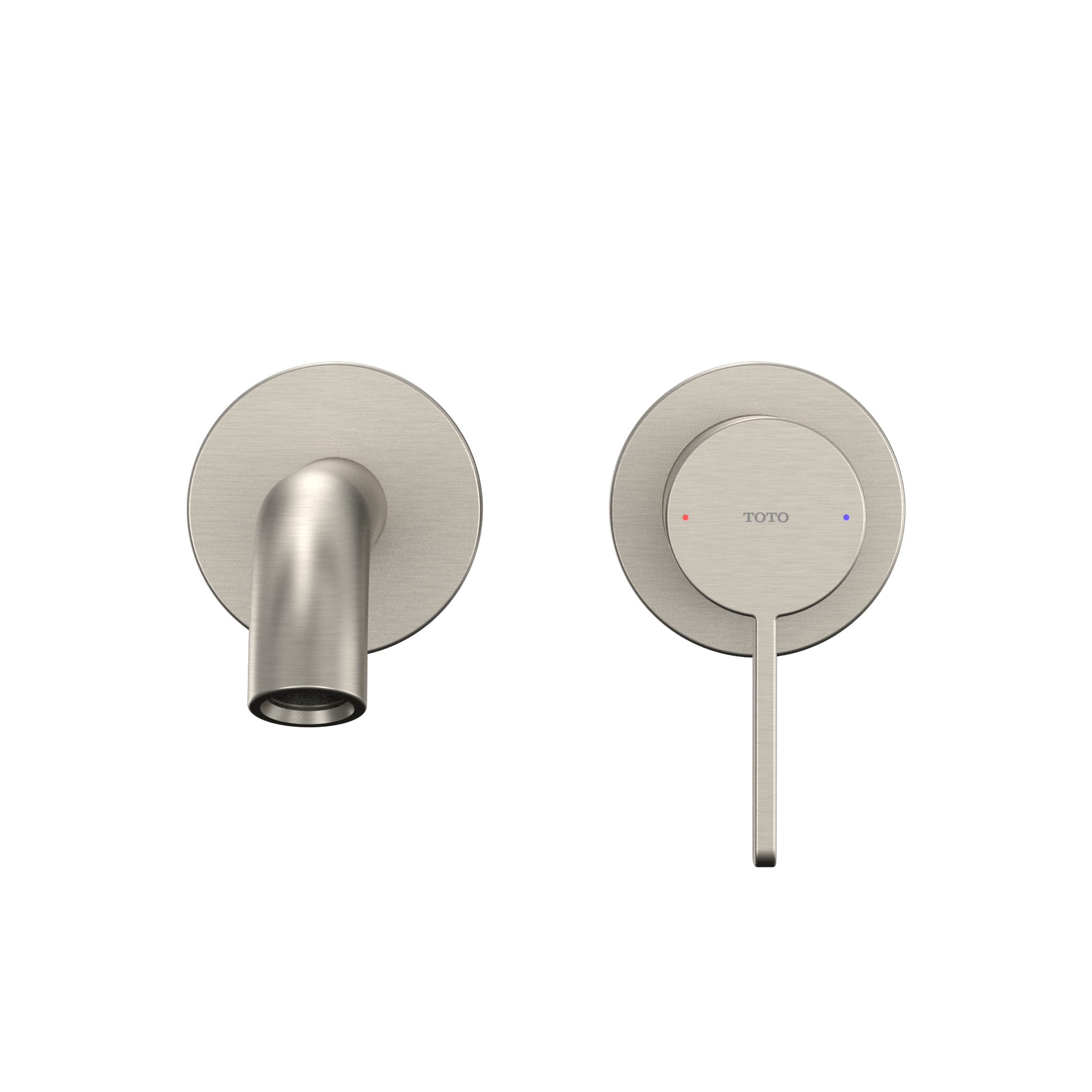 Brushed nickel wall-mount bathroom faucet with single-handle control and curved spout shown from two angles.