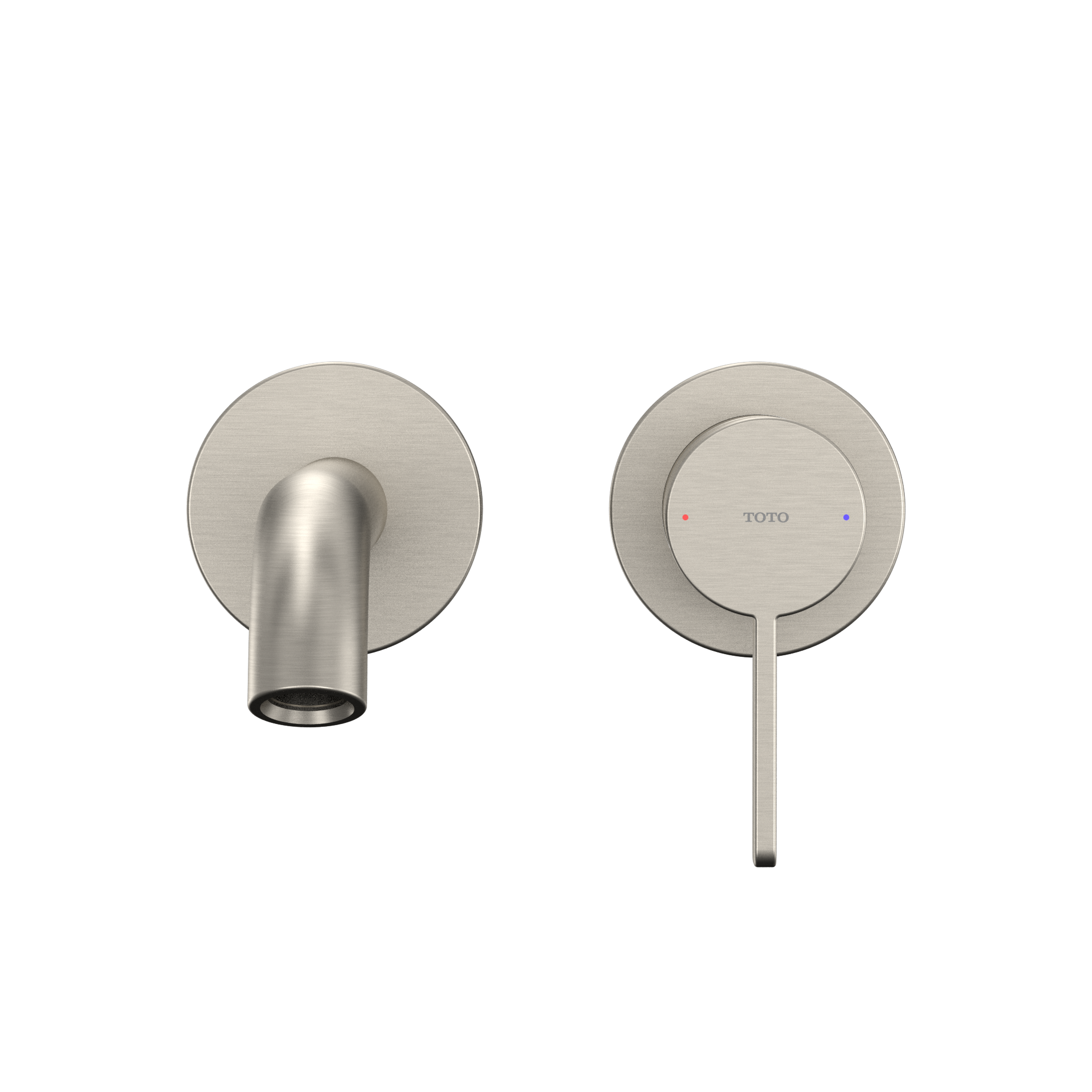 Brushed nickel wall-mount bathroom faucet with single-handle control and curved spout shown from two angles.
