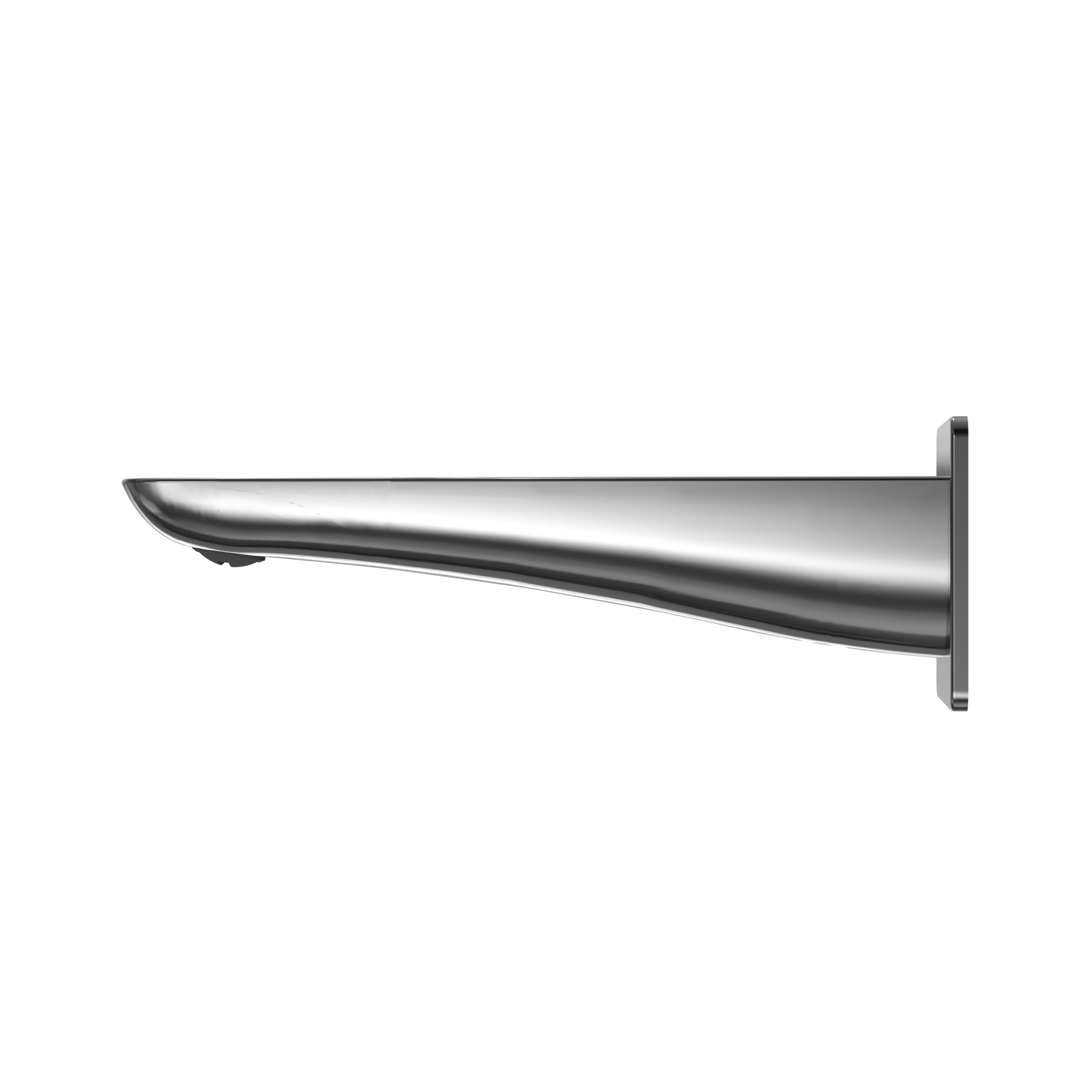 Polished chrome wall-mounted tub spout with curved tapered design and mounting bracket.