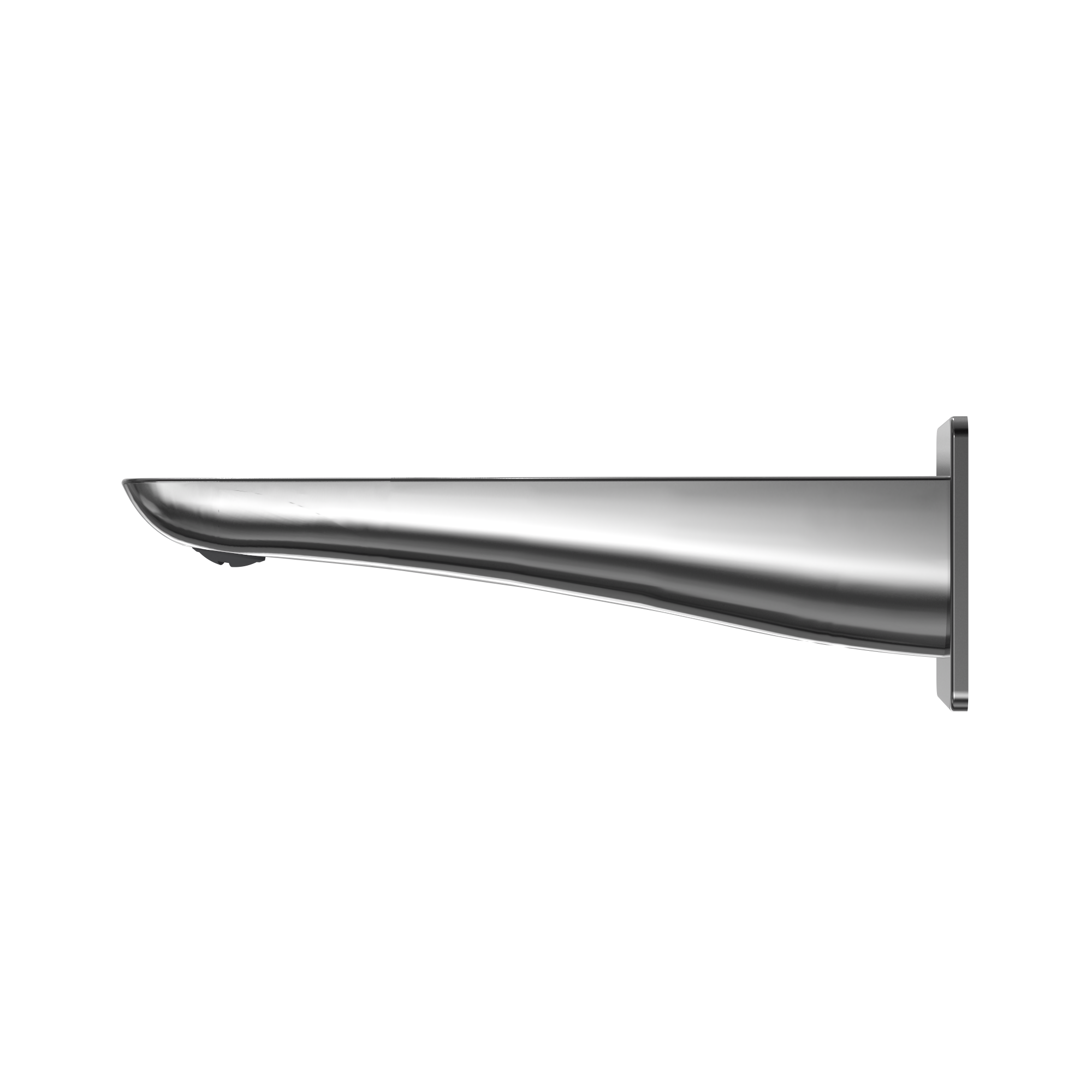 Polished chrome wall-mounted tub spout with curved tapered design and mounting bracket.