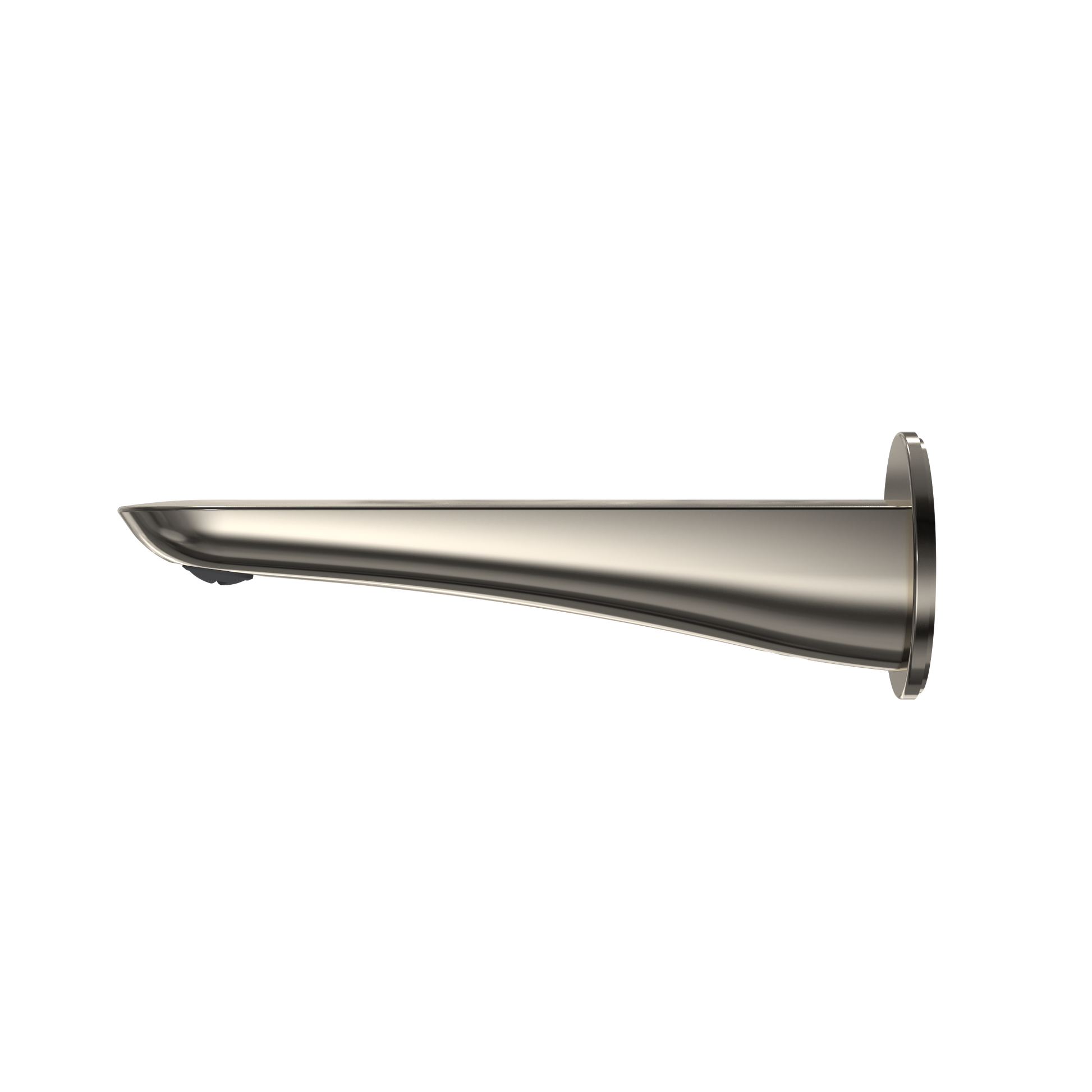 Polished nickel wall-mounted tub spout with tapered cylindrical body and angled outlet.
