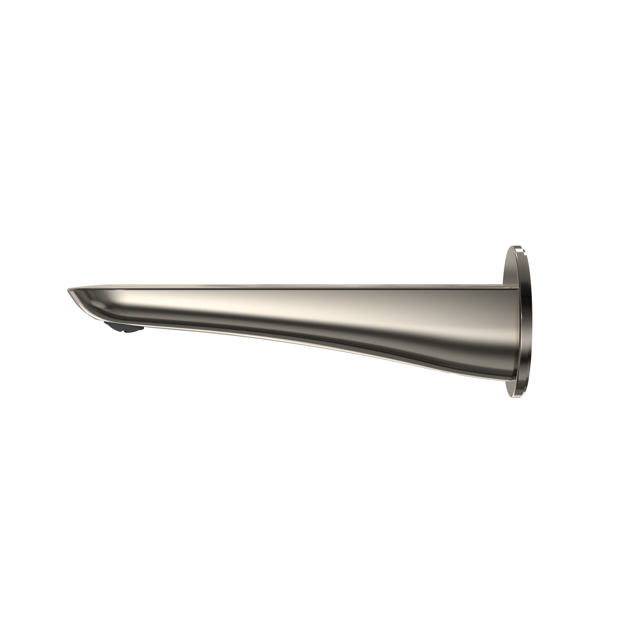 Polished nickel wall-mounted tub spout with tapered cylindrical body and angled outlet.