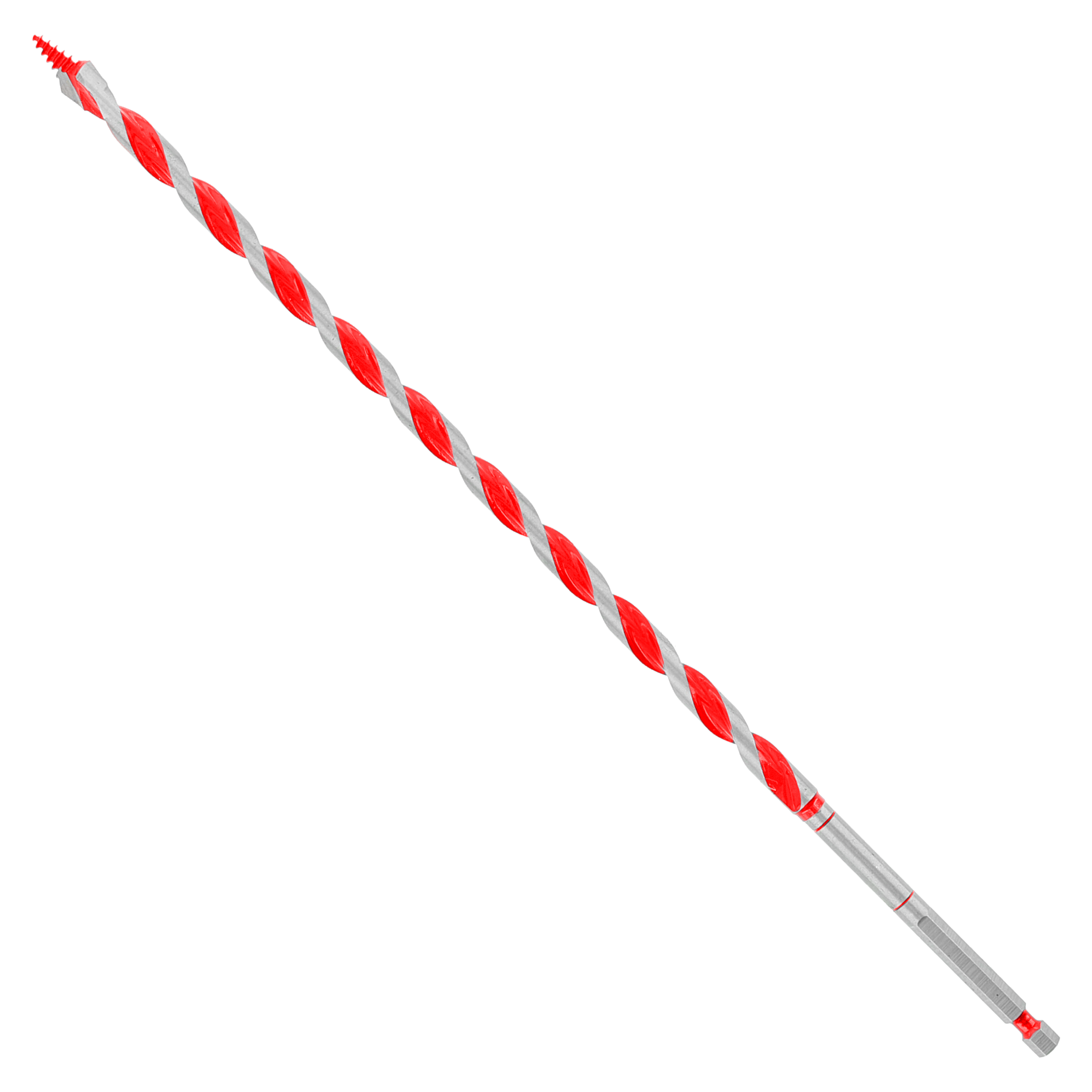Red and silver twist auger bit with fluted design and pointed tip for drilling.