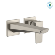 Brushed nickel wall-mount bathroom faucet with single handle and angled spout.